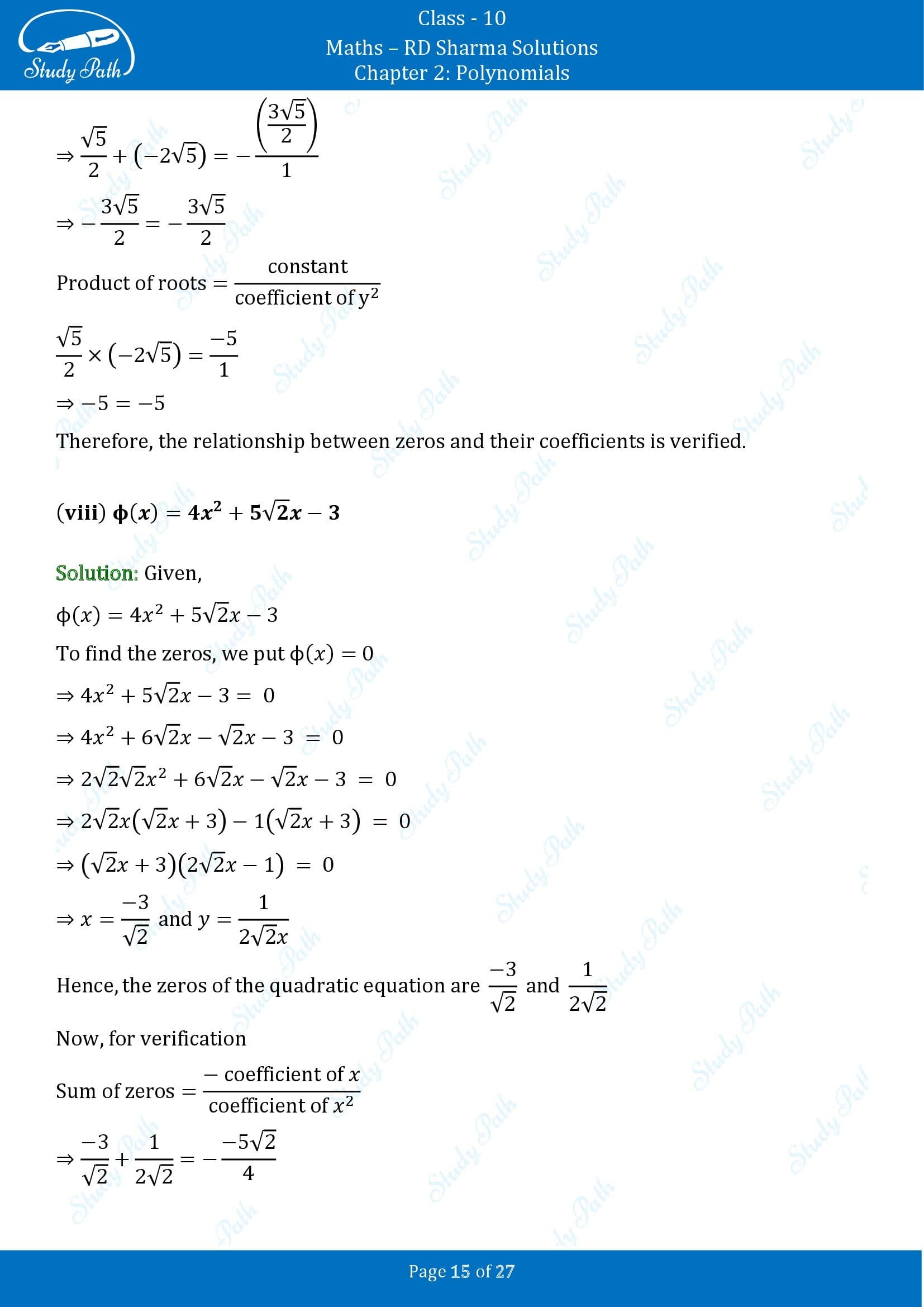 RD Sharma Solutions Class 10 Chapter 2 Polynomials Exercise 2.1 00015