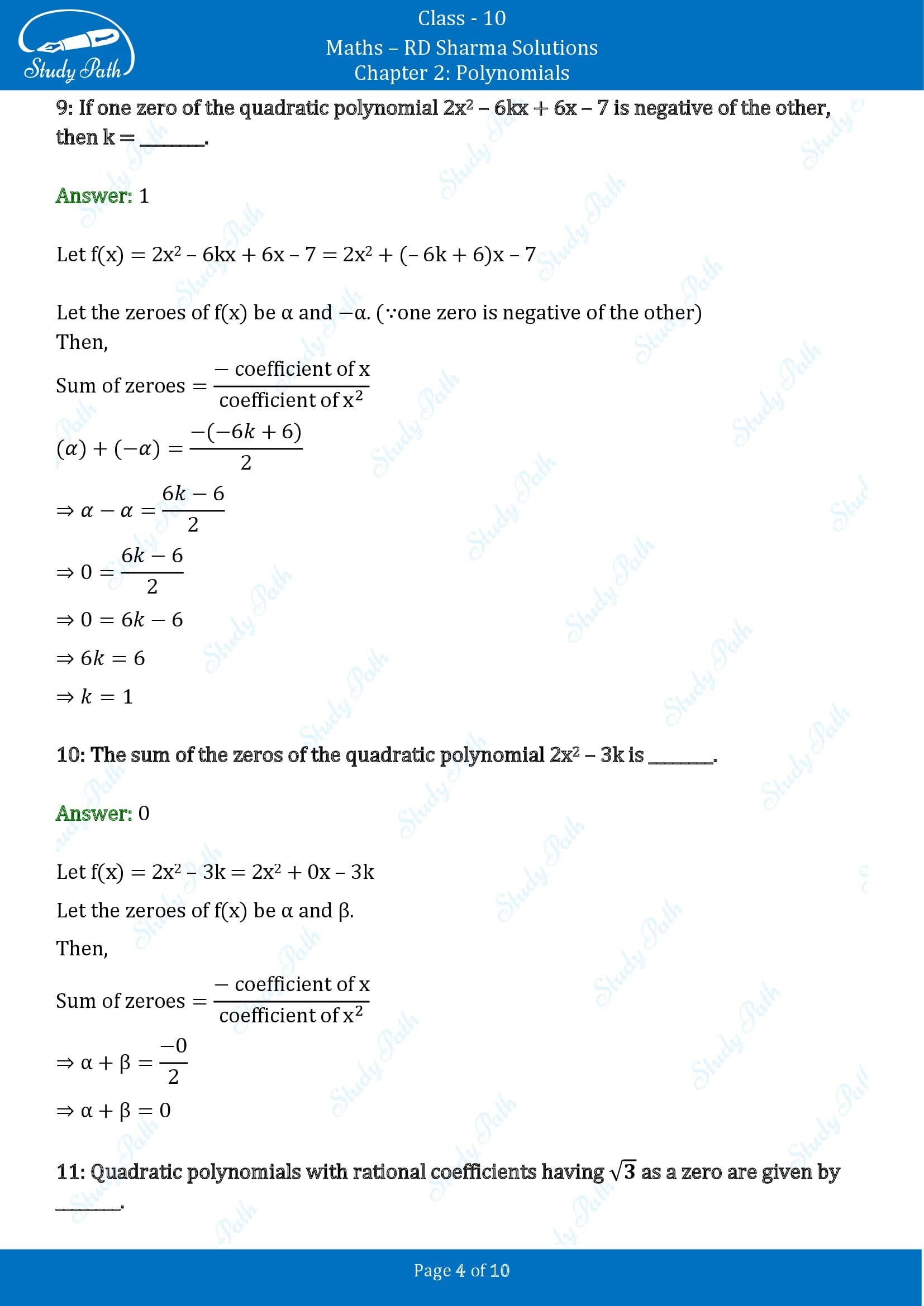 RD Sharma Solutions Class 10 Chapter 2 Polynomials Fill in the Blank Type Questions FBQs 00004