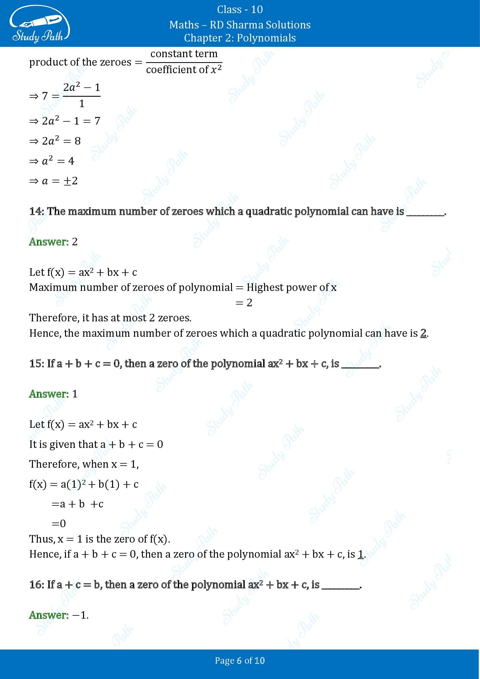 RD Sharma Solutions Class 10 Chapter 2 Polynomials Fill in the Blank Type Questions FBQs 00006