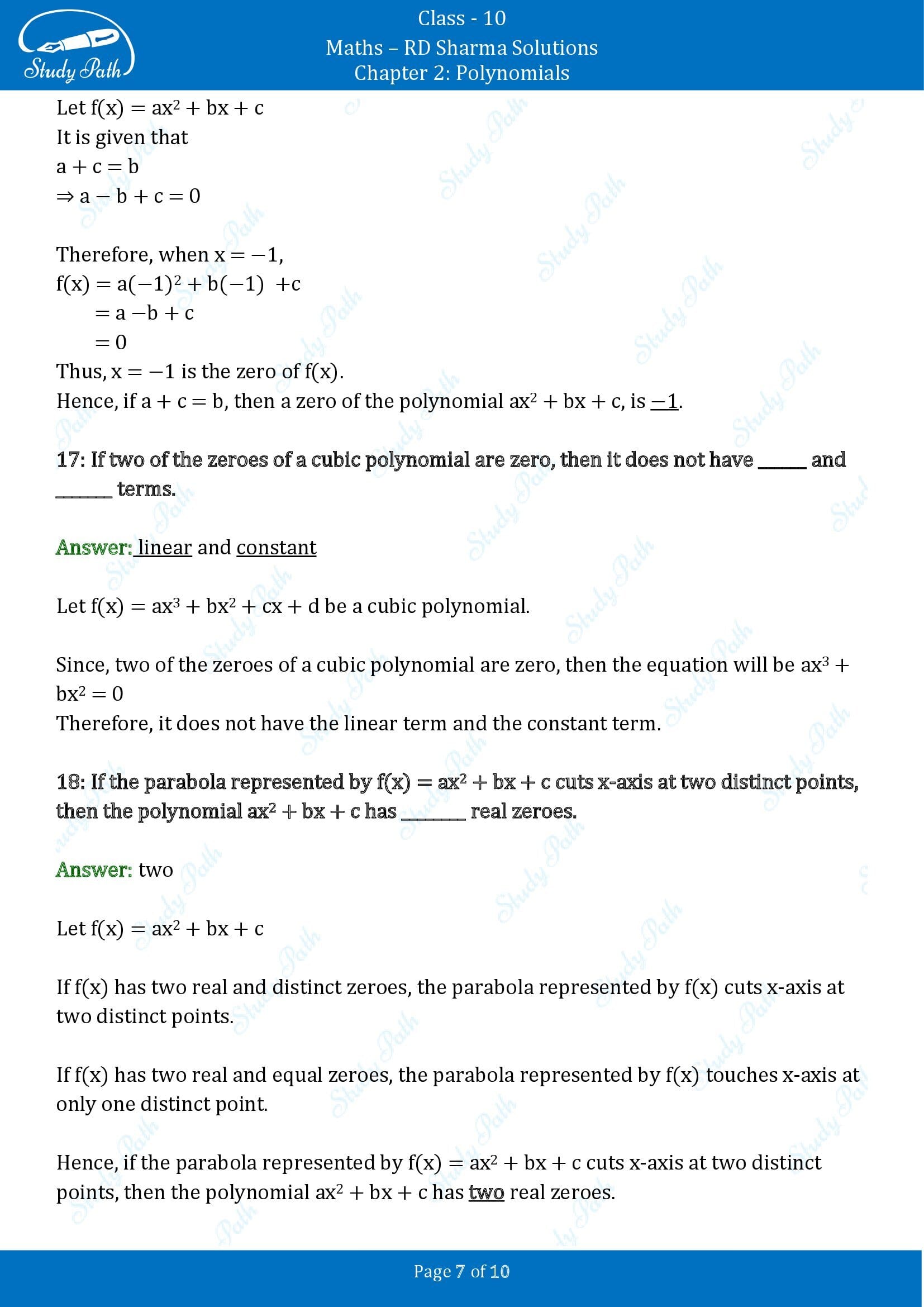 RD Sharma Solutions Class 10 Chapter 2 Polynomials Fill in the Blank Type Questions FBQs 00007