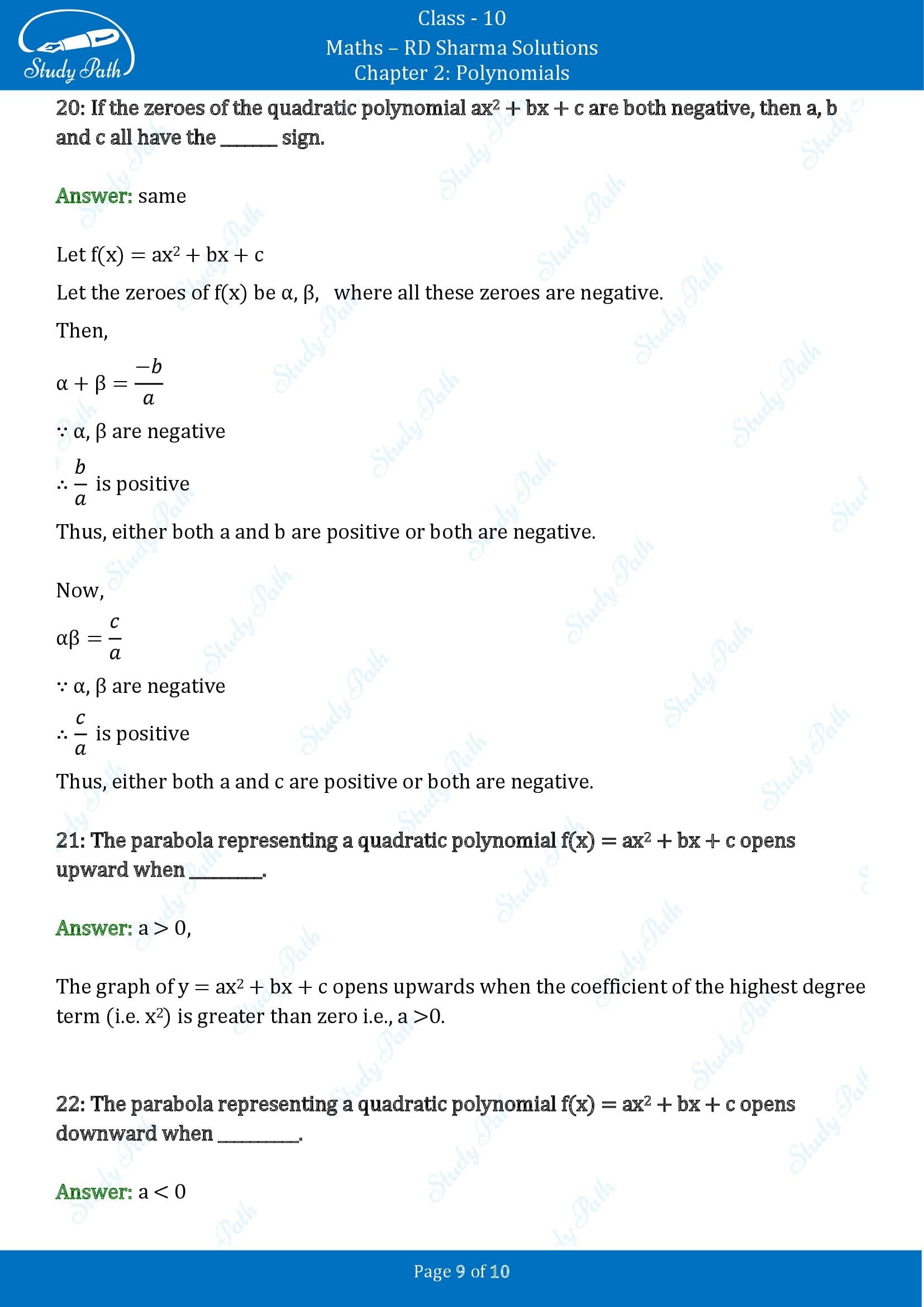 RD Sharma Solutions Class 10 Chapter 2 Polynomials Fill in the Blank Type Questions FBQs 00009