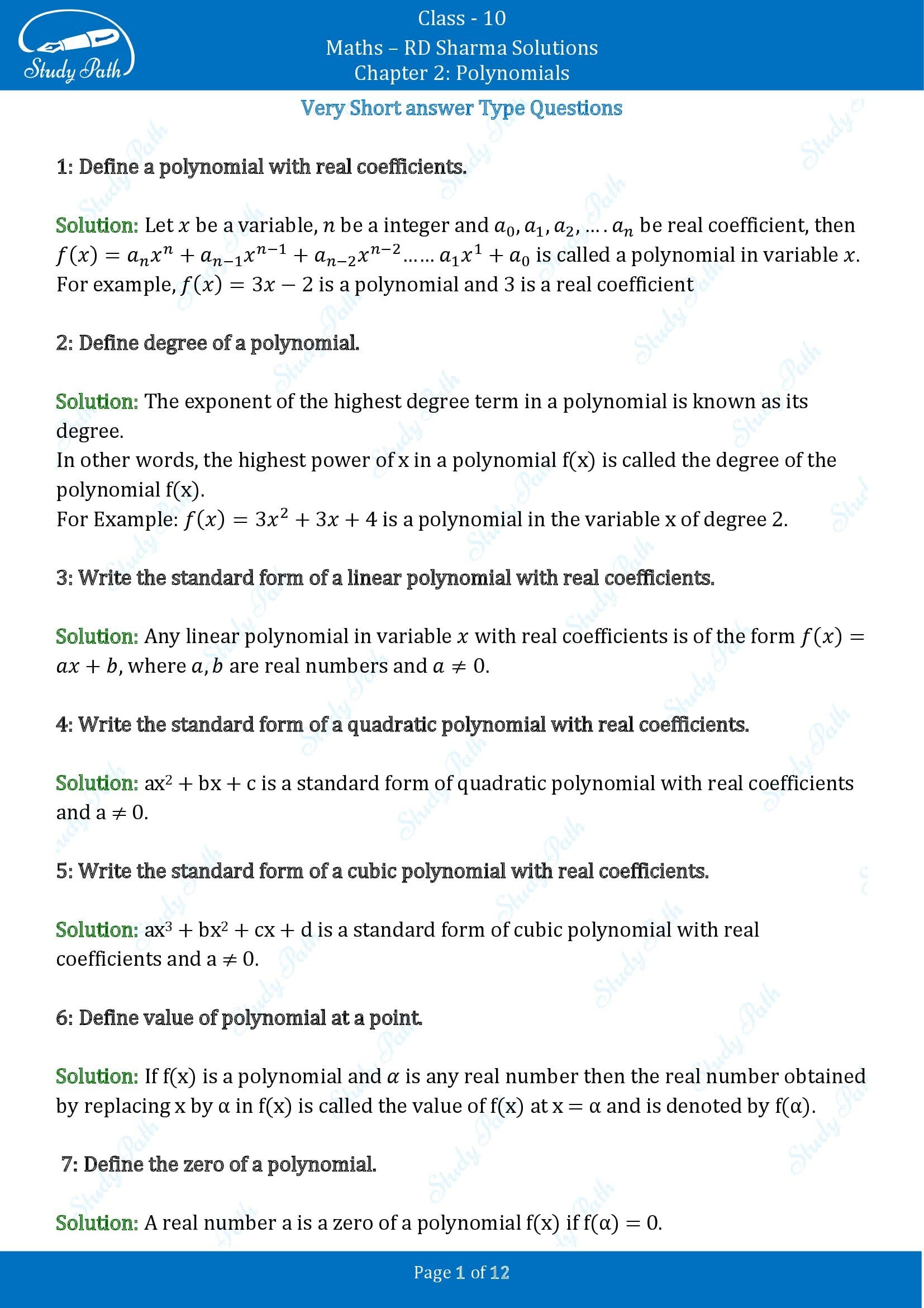 RD Sharma Solutions Class 10 Chapter 2 Polynomials Very Short Answer Type Questions VSAQs 00001