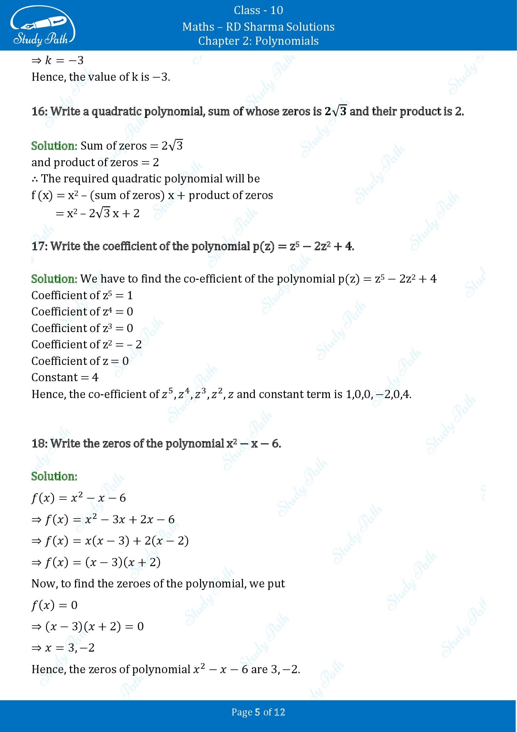 RD Sharma Solutions Class 10 Chapter 2 Polynomials Very Short Answer Type Questions VSAQs 00005