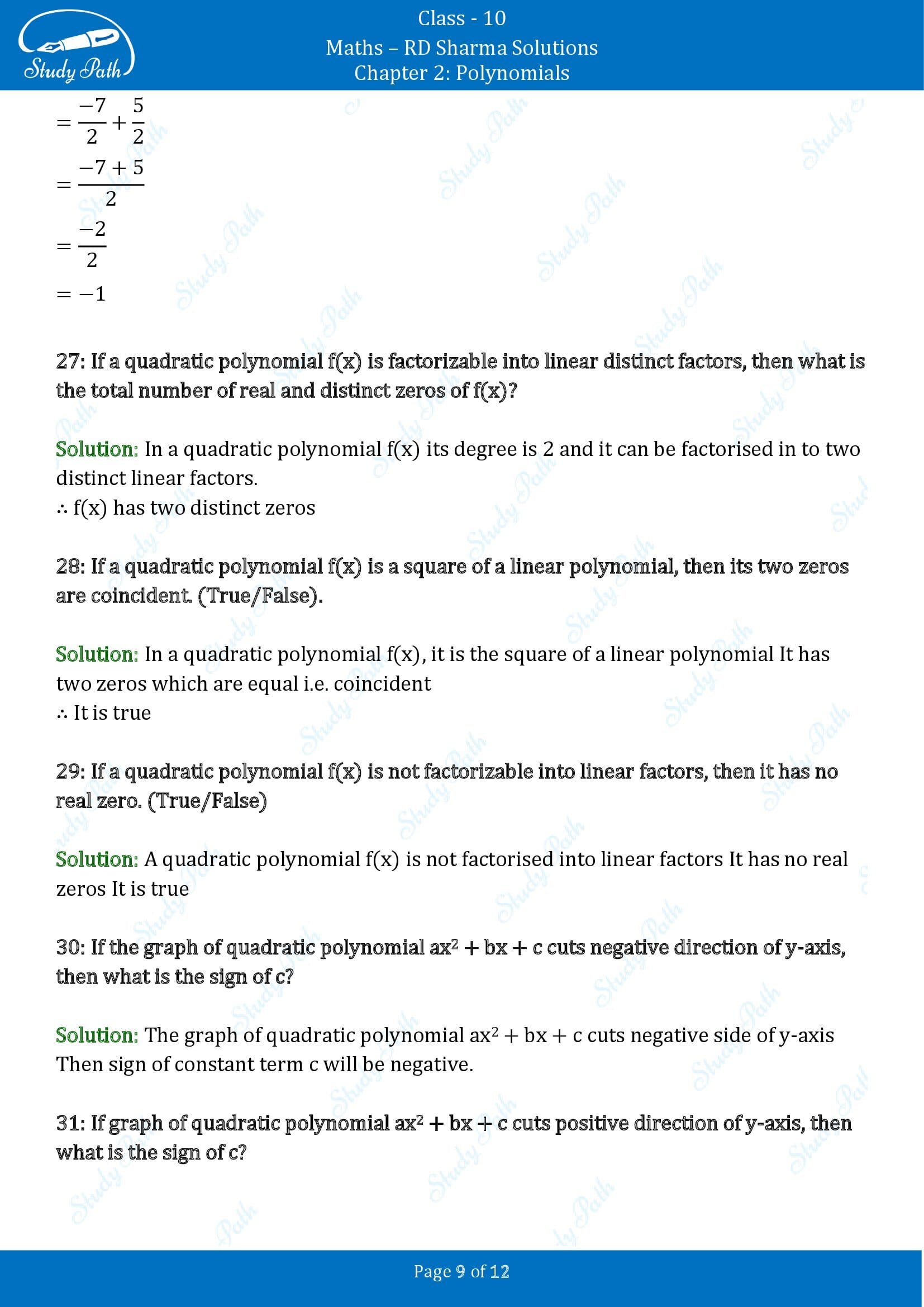 RD Sharma Solutions Class 10 Chapter 2 Polynomials Very Short Answer Type Questions VSAQs 00009