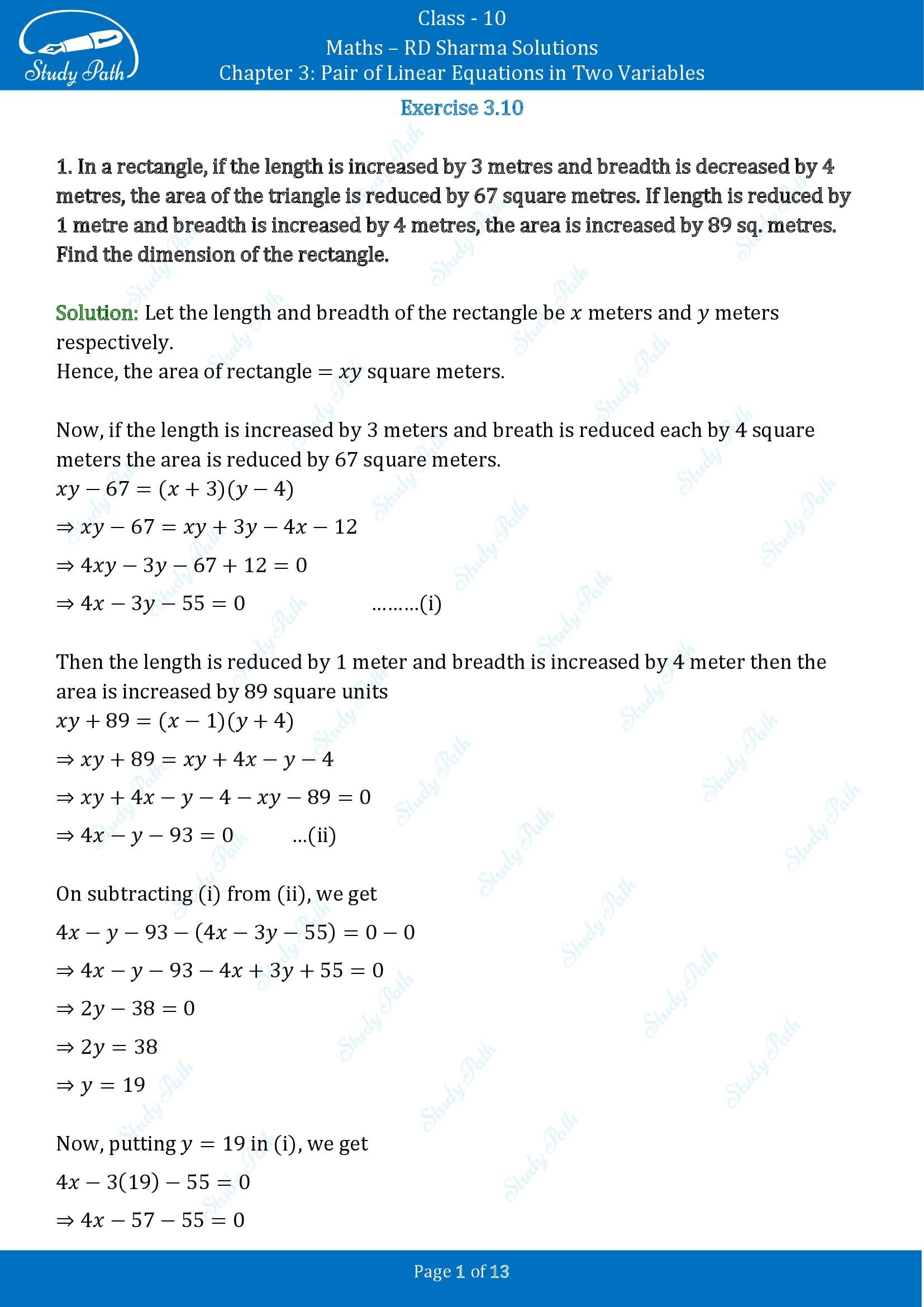 RD Sharma Solutions Class 10 Chapter 3 Pair of Linear Equations in Two Variables Exercise 3.10 00001