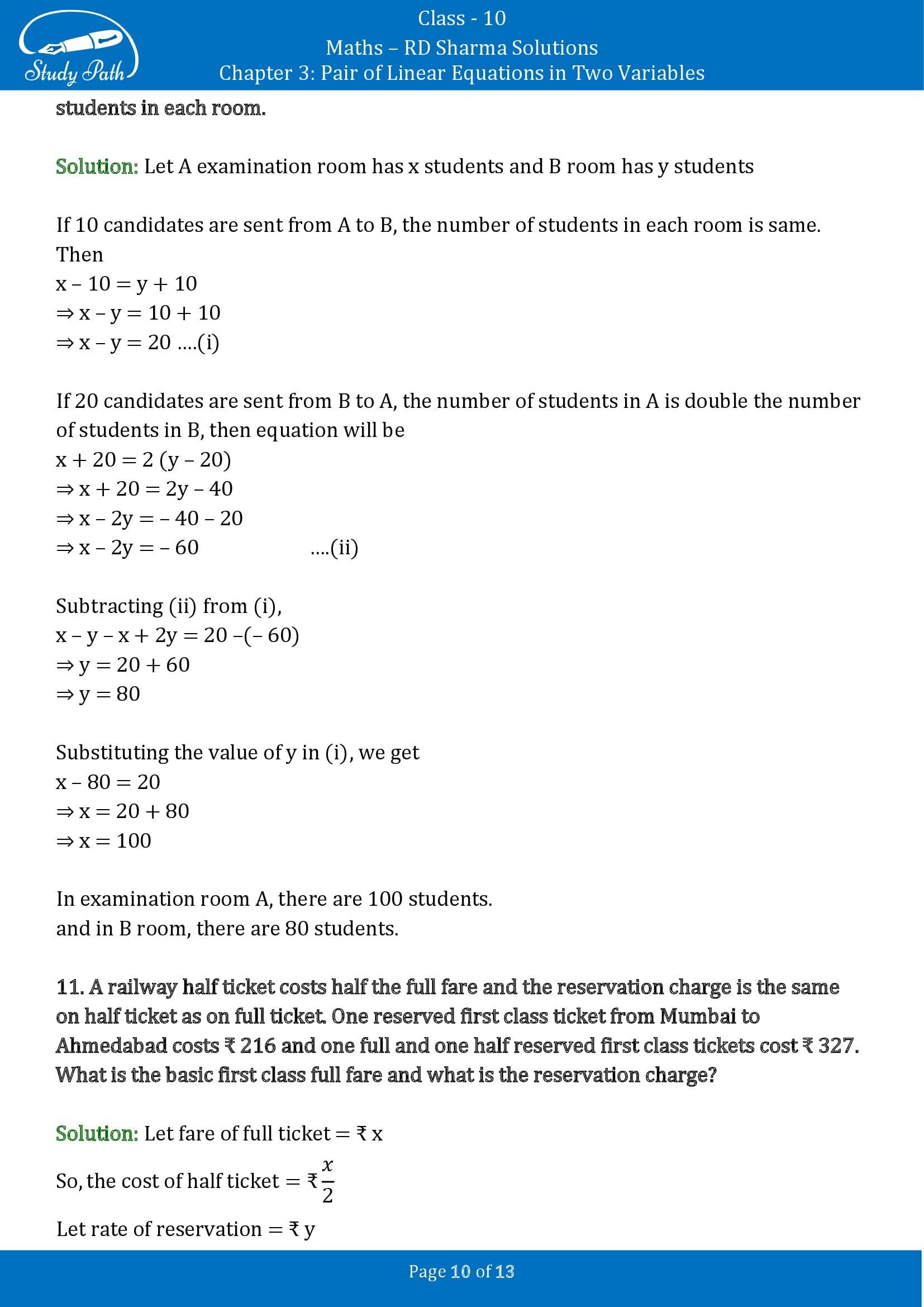 RD Sharma Solutions Class 10 Chapter 3 Pair of Linear Equations in Two Variables Exercise 3.10 00010