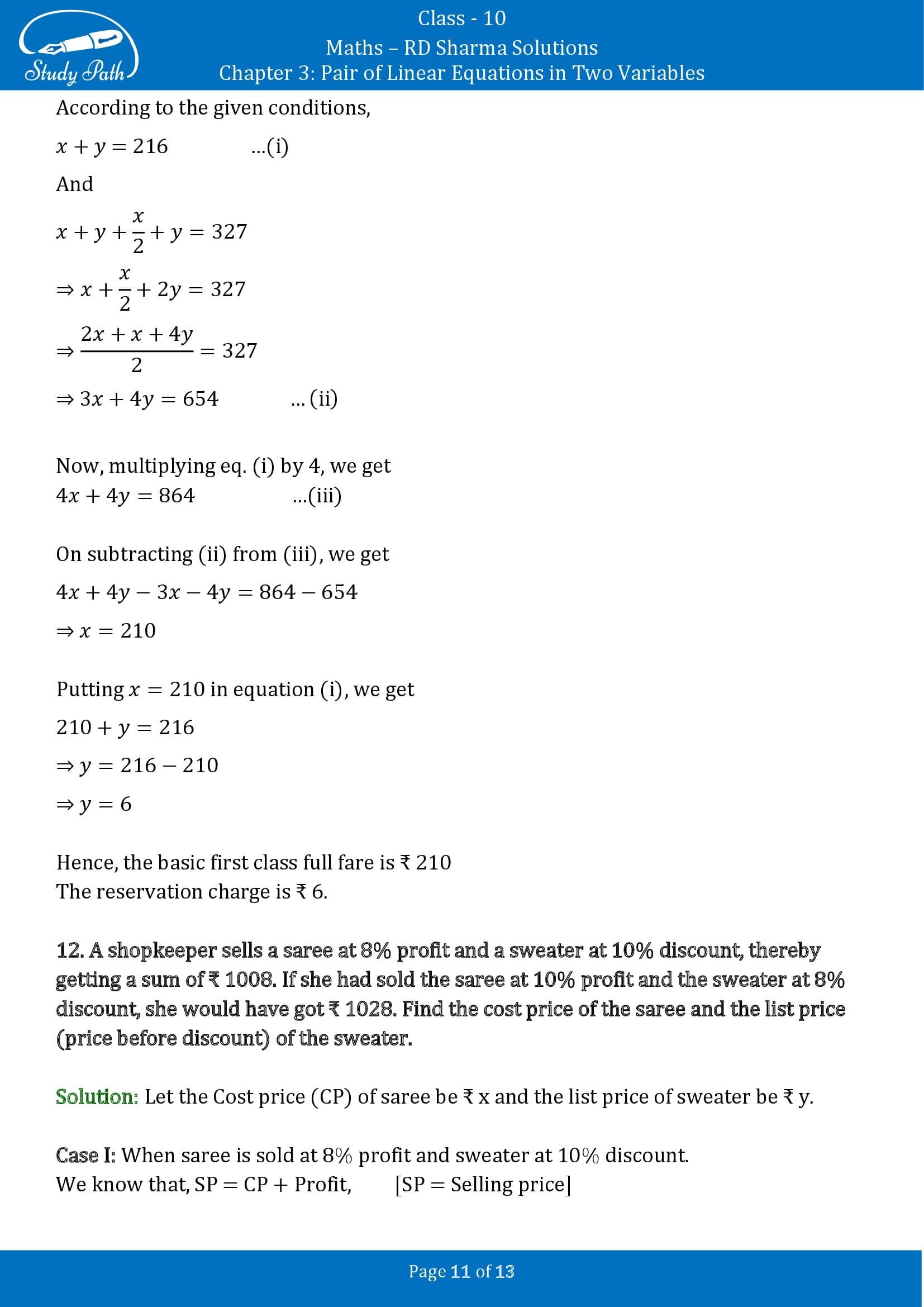 RD Sharma Solutions Class 10 Chapter 3 Pair of Linear Equations in Two Variables Exercise 3.10 00011