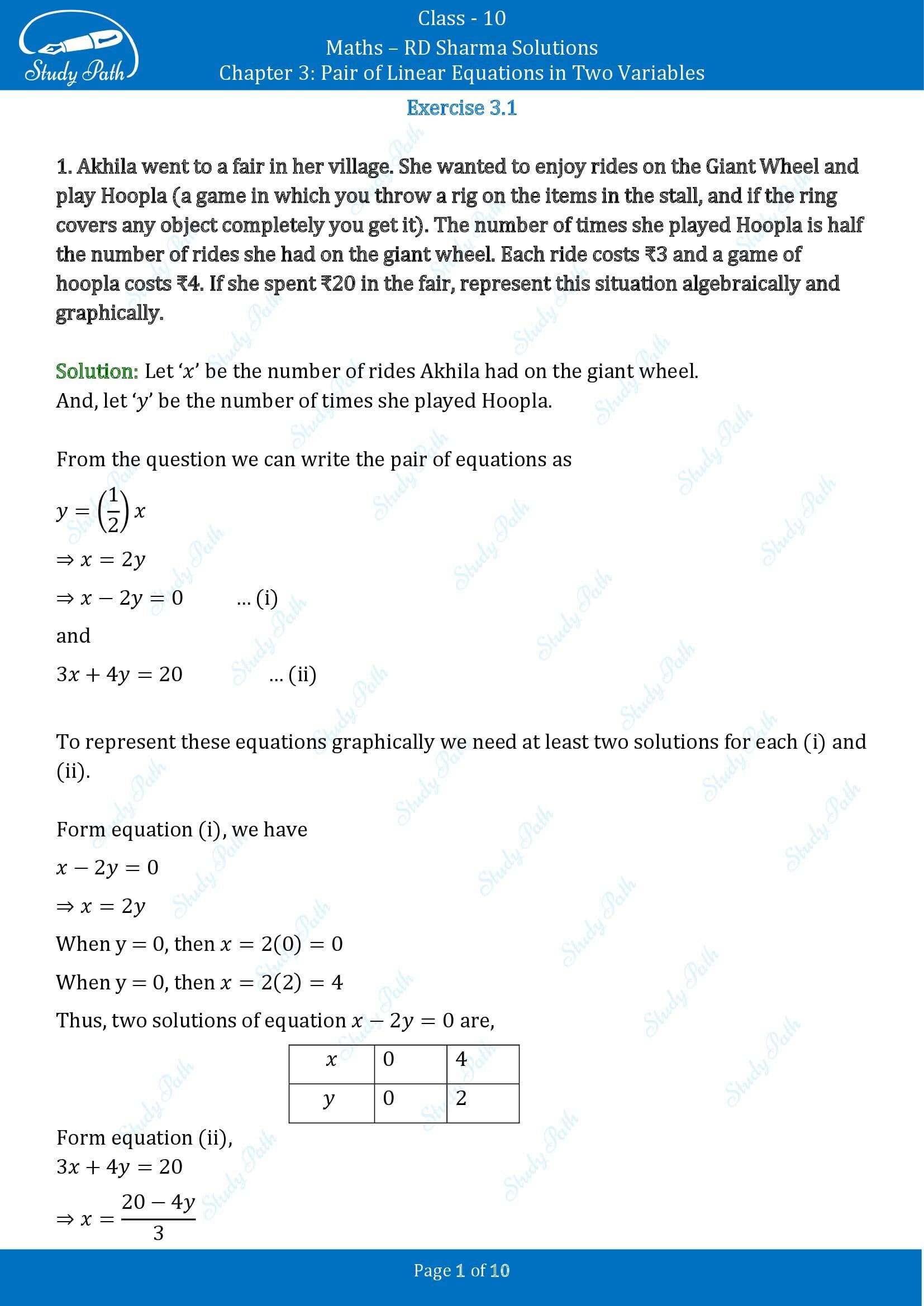 RD Sharma Solutions Class 10 Chapter 3 Pair of Linear Equations in Two Variables Exercise 3.1 00001