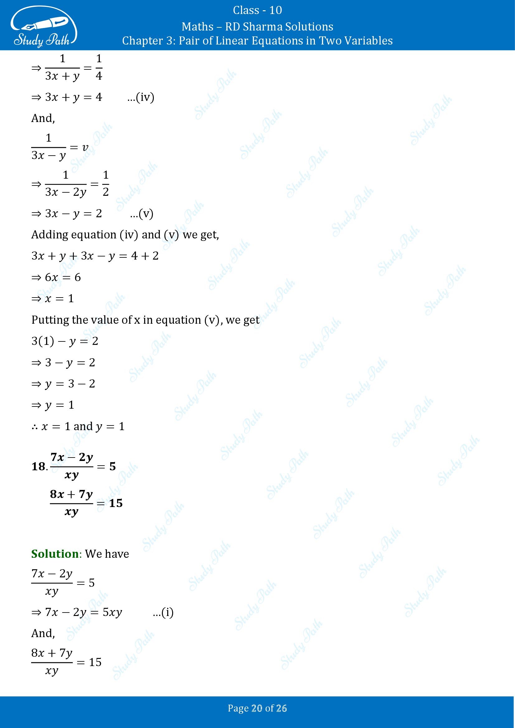 RD Sharma Solutions Class 10 Chapter 3 Pair of Linear Equations in Two Variables Exercise 3.3 00020