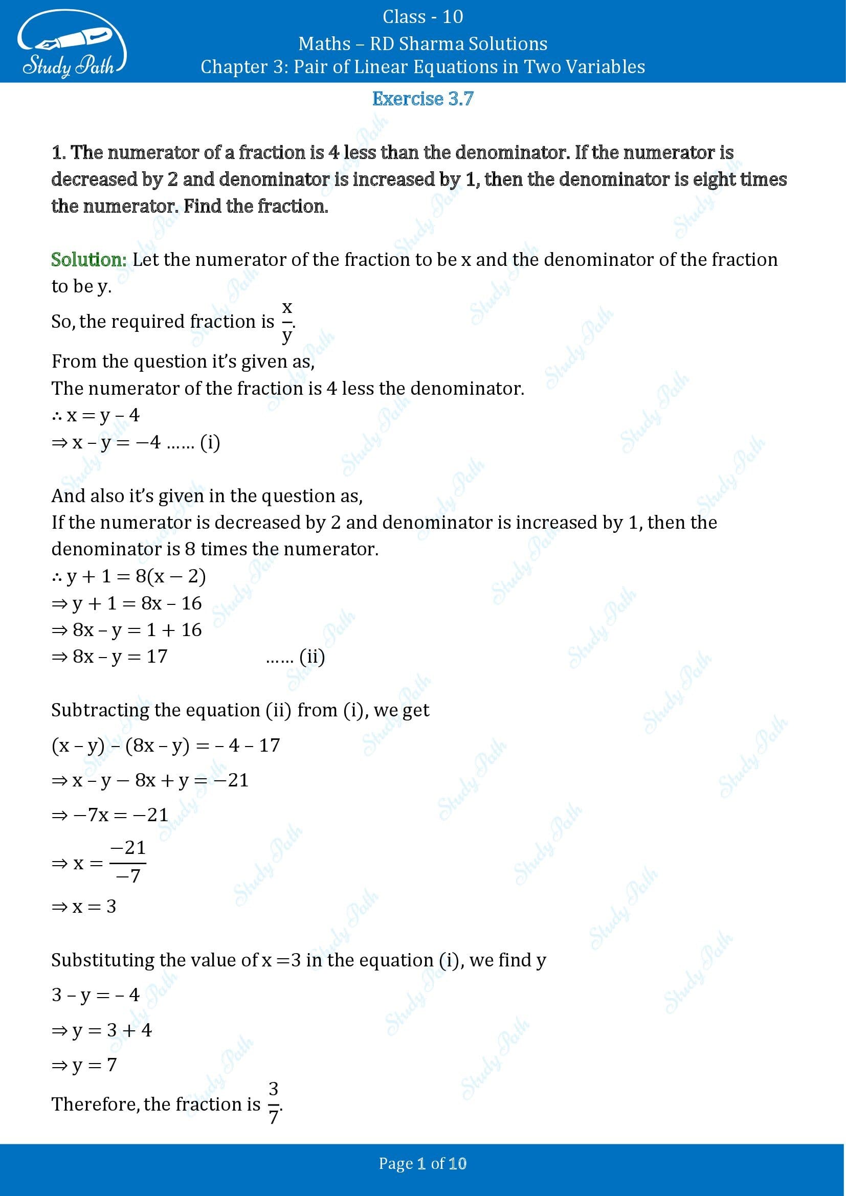 RD Sharma Solutions Class 10 Chapter 3 Pair of Linear Equations in Two Variables Exercise 3.7 00001