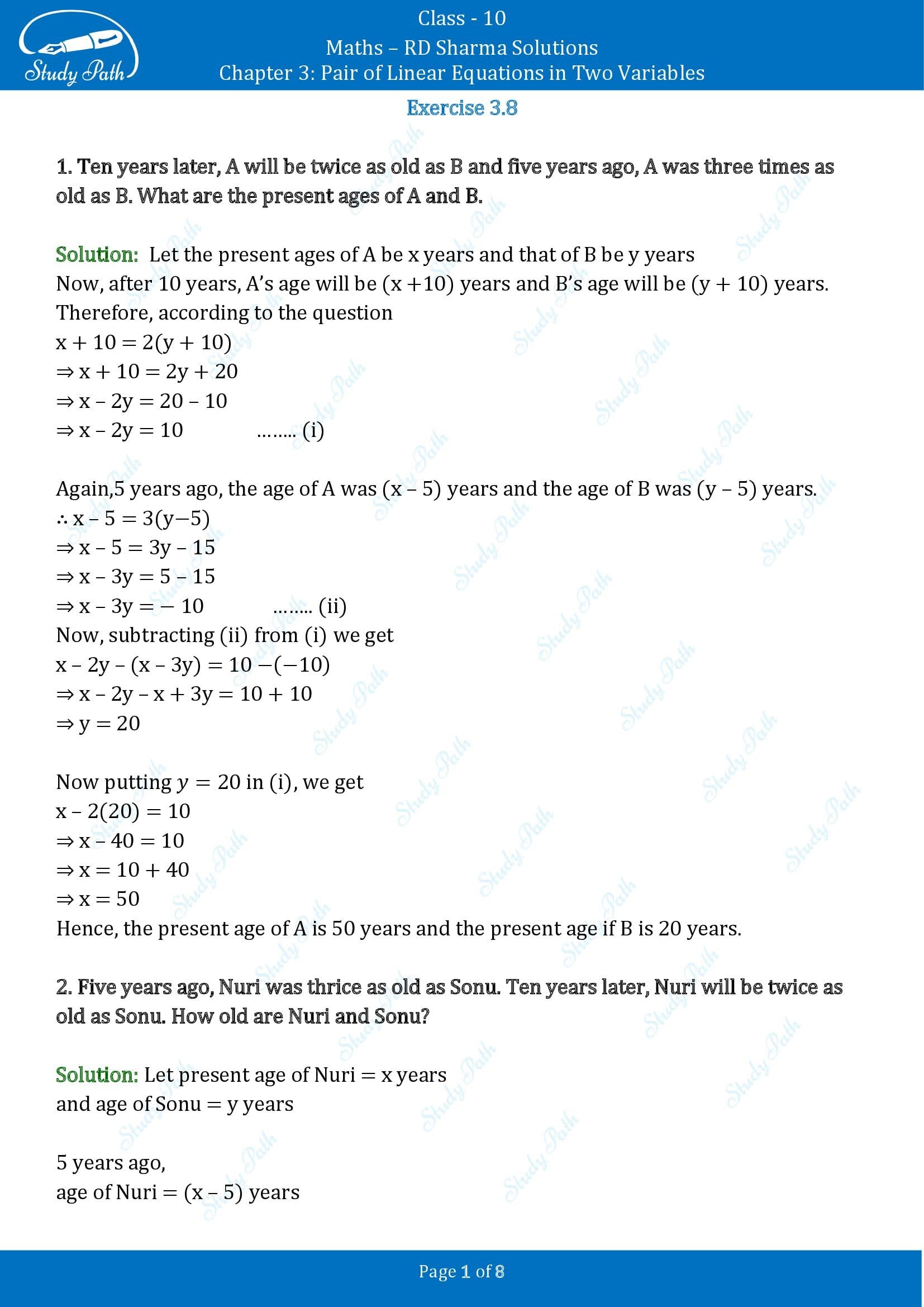 RD Sharma Solutions Class 10 Chapter 3 Pair of Linear Equations in Two Variables Exercise 3.8 00001