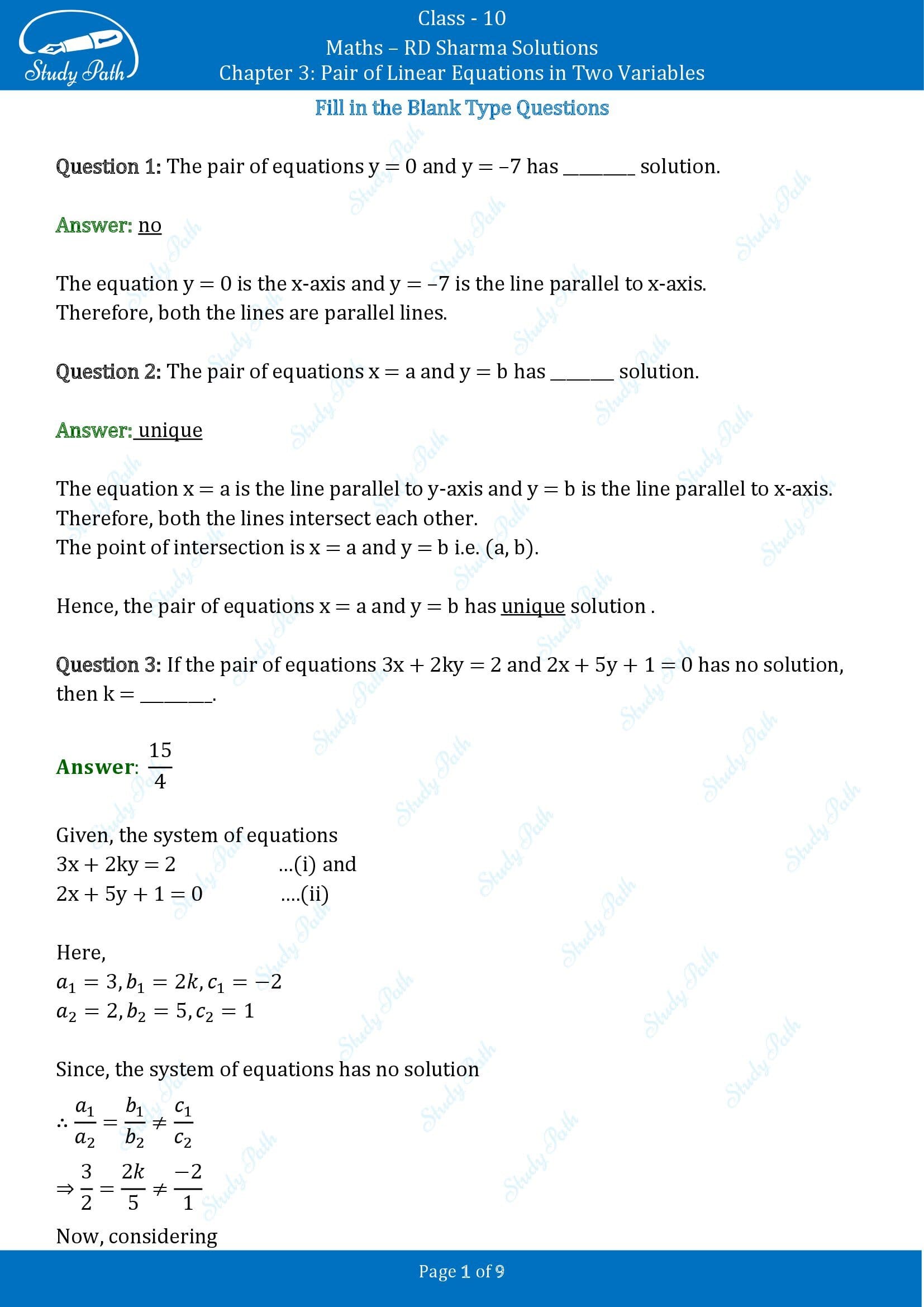 RD Sharma Solutions Class 10 Chapter 3 Pair of Linear Equations in Two Variables Exercise Fill in the Blank Type Questions FBQs 00001