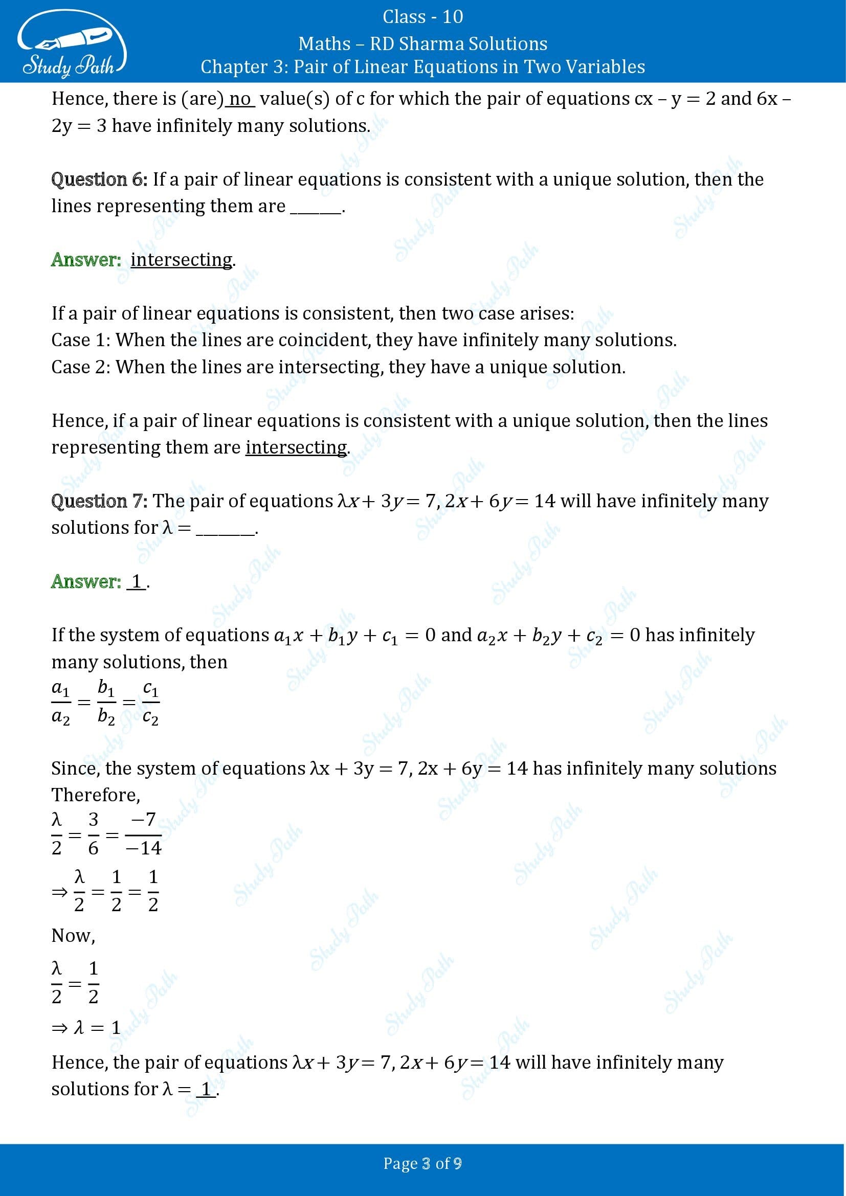 RD Sharma Solutions Class 10 Chapter 3 Pair of Linear Equations in Two Variables Exercise Fill in the Blank Type Questions FBQs 00003