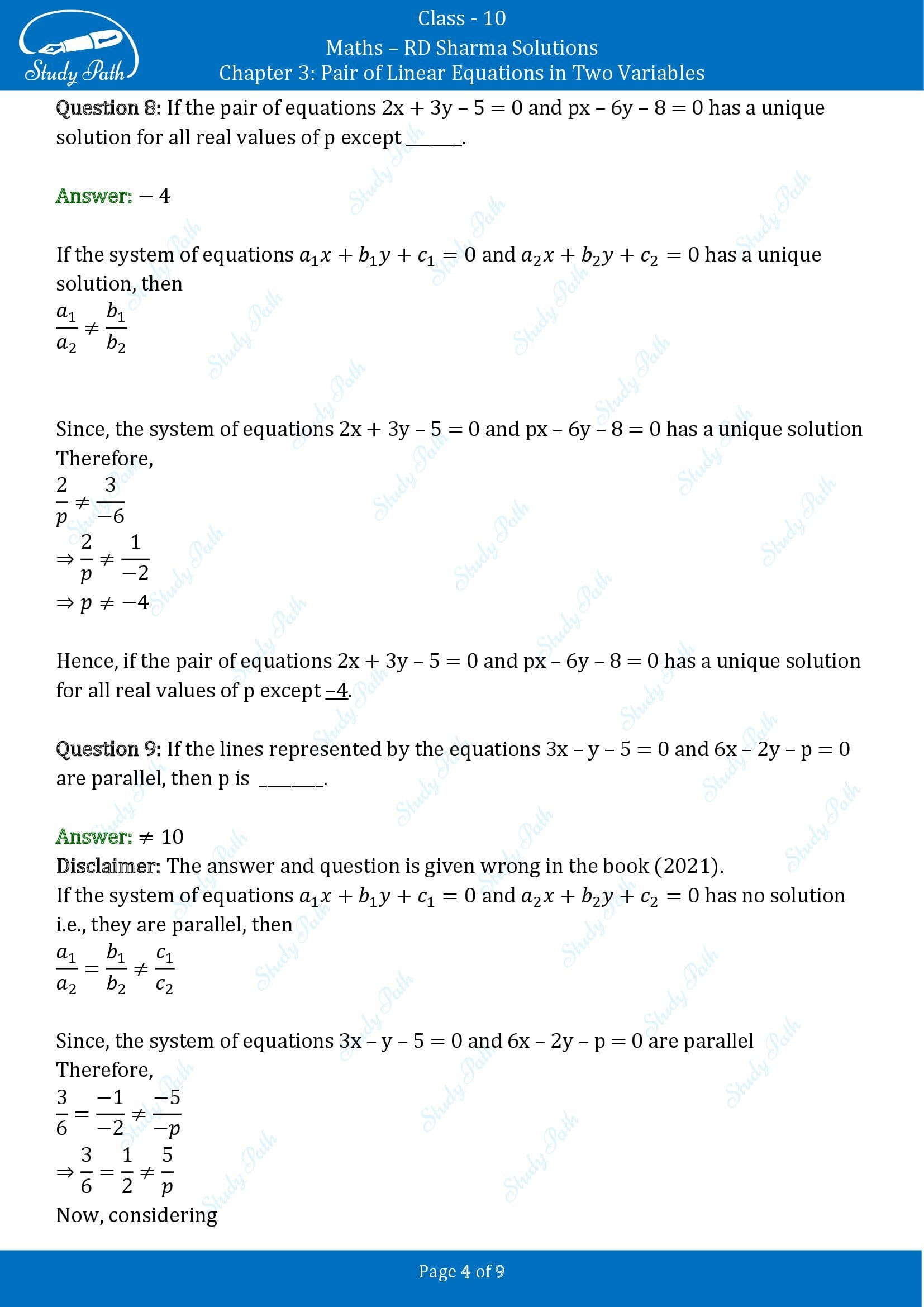 RD Sharma Solutions Class 10 Chapter 3 Pair of Linear Equations in Two Variables Exercise Fill in the Blank Type Questions FBQs 00004