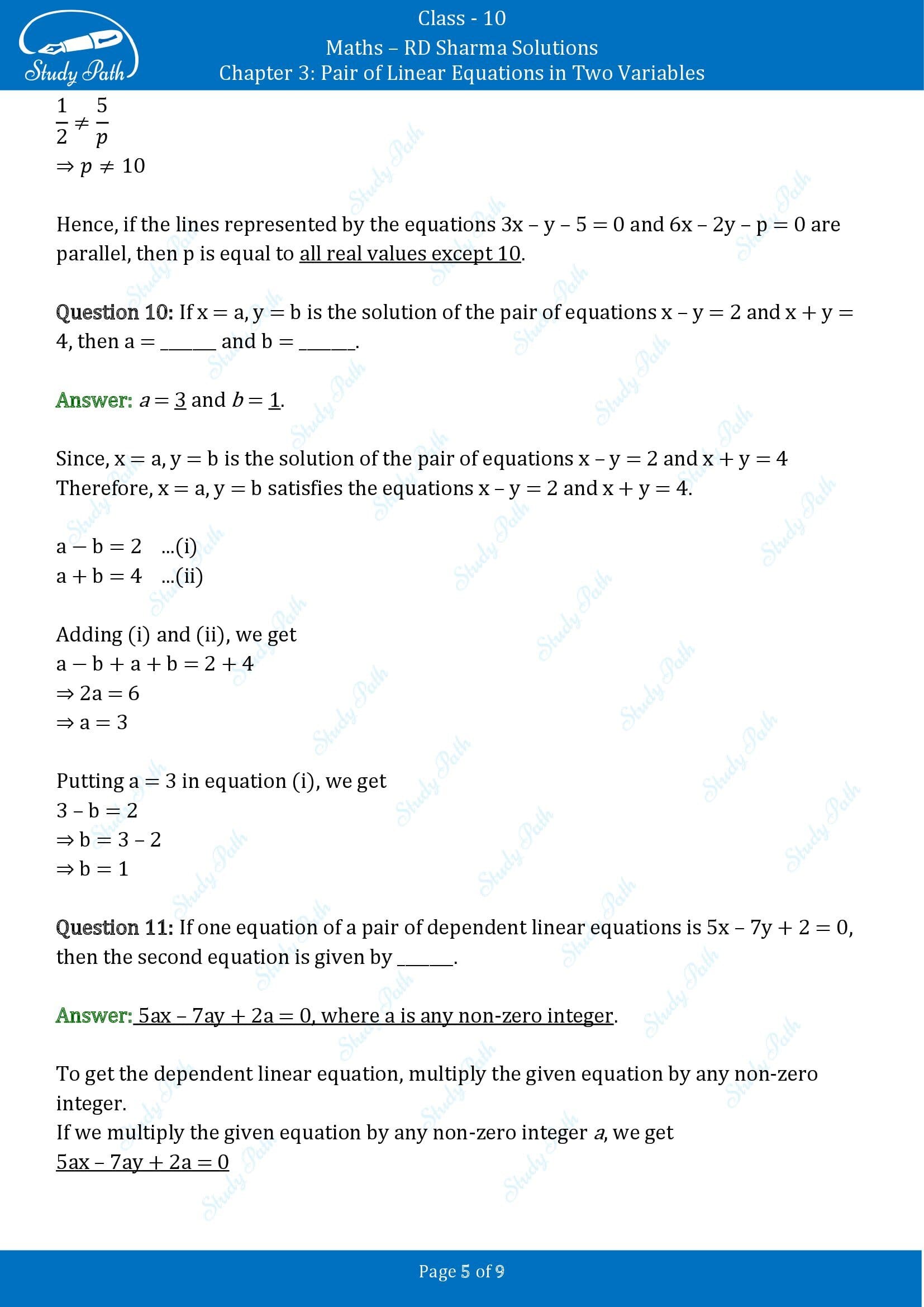 RD Sharma Solutions Class 10 Chapter 3 Pair of Linear Equations in Two Variables Exercise Fill in the Blank Type Questions FBQs 00005