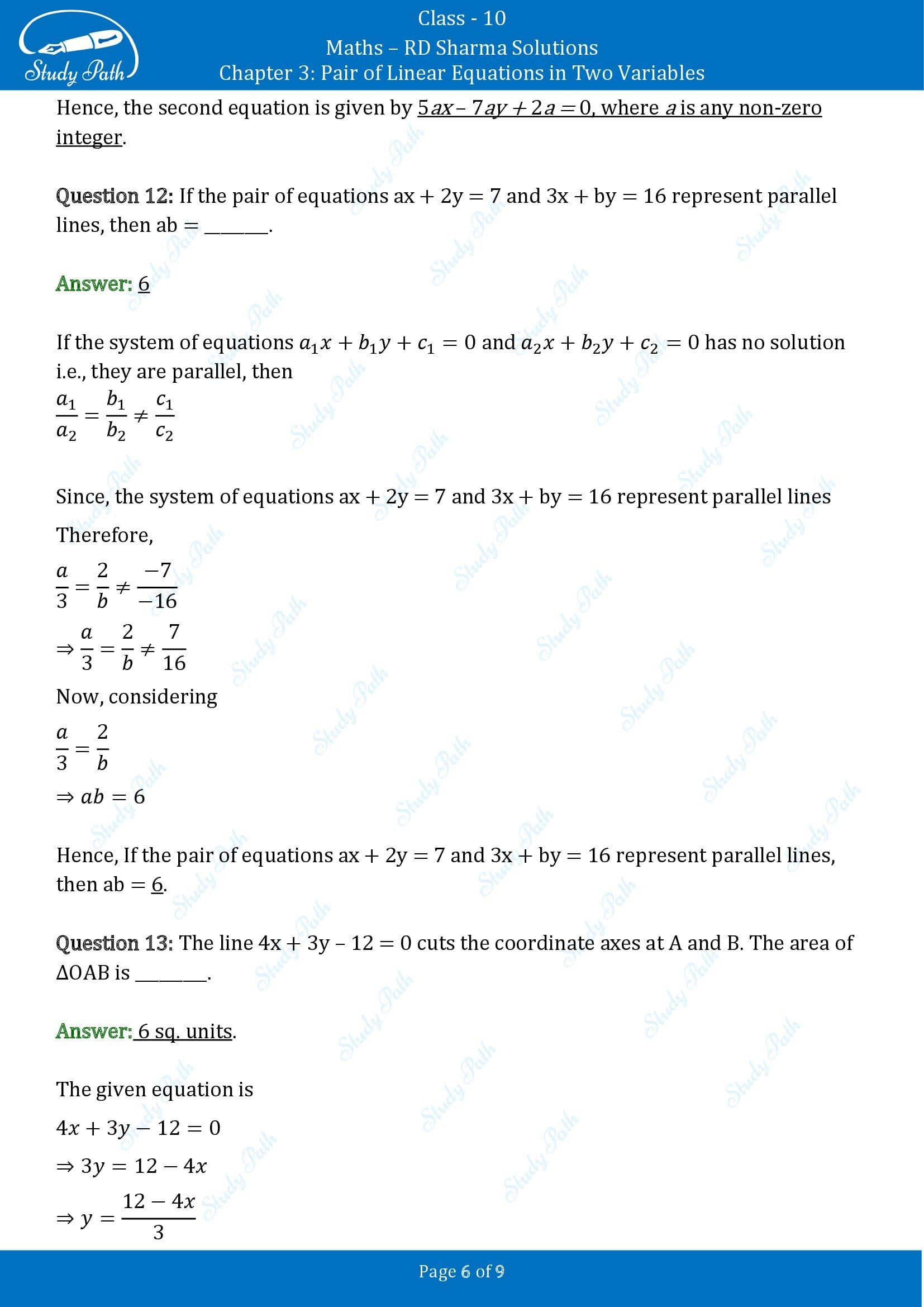 RD Sharma Solutions Class 10 Chapter 3 Pair of Linear Equations in Two Variables Exercise Fill in the Blank Type Questions FBQs 00006