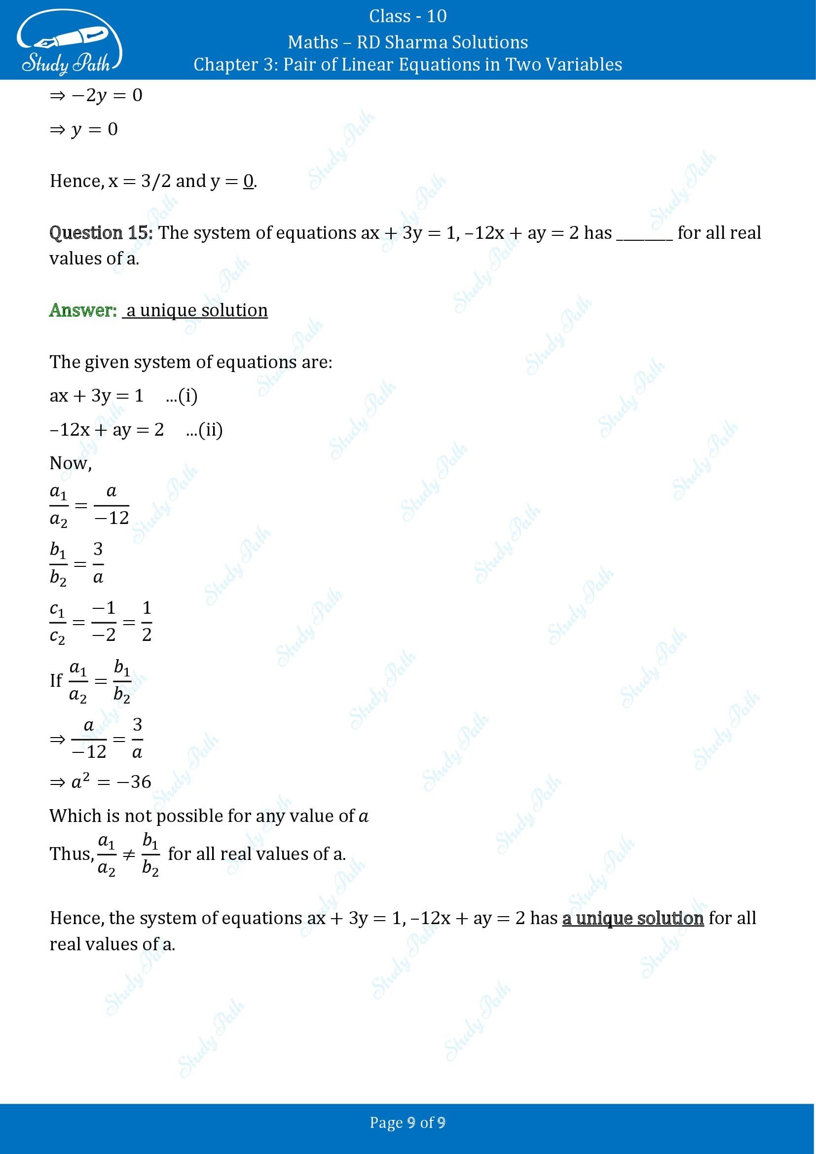 RD Sharma Solutions Class 10 Chapter 3 Pair of Linear Equations in Two Variables Exercise Fill in the Blank Type Questions FBQs 00009