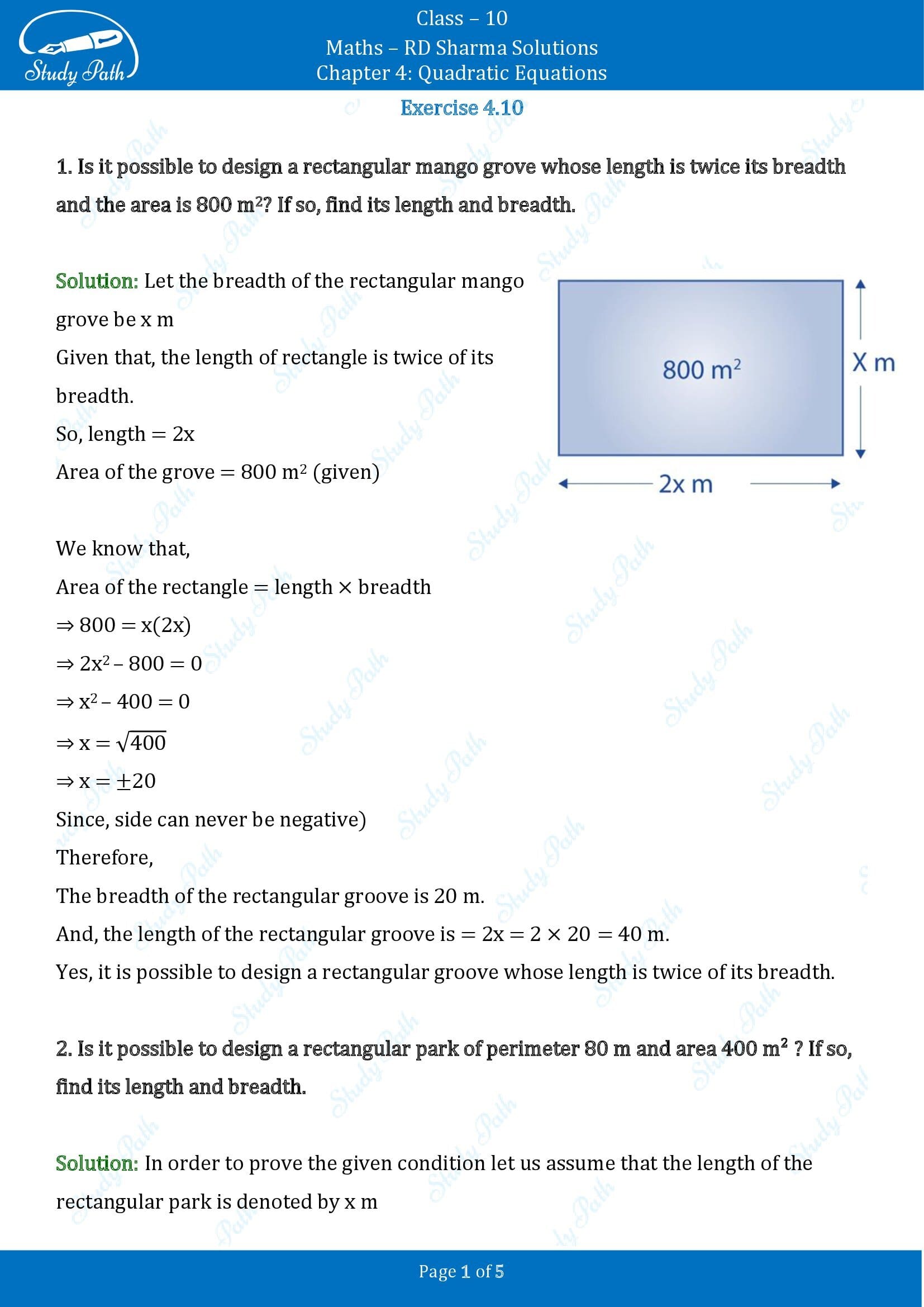 RD Sharma Solutions Class 10 Chapter 4 Quadratic Equations Exercise 4.10 00001