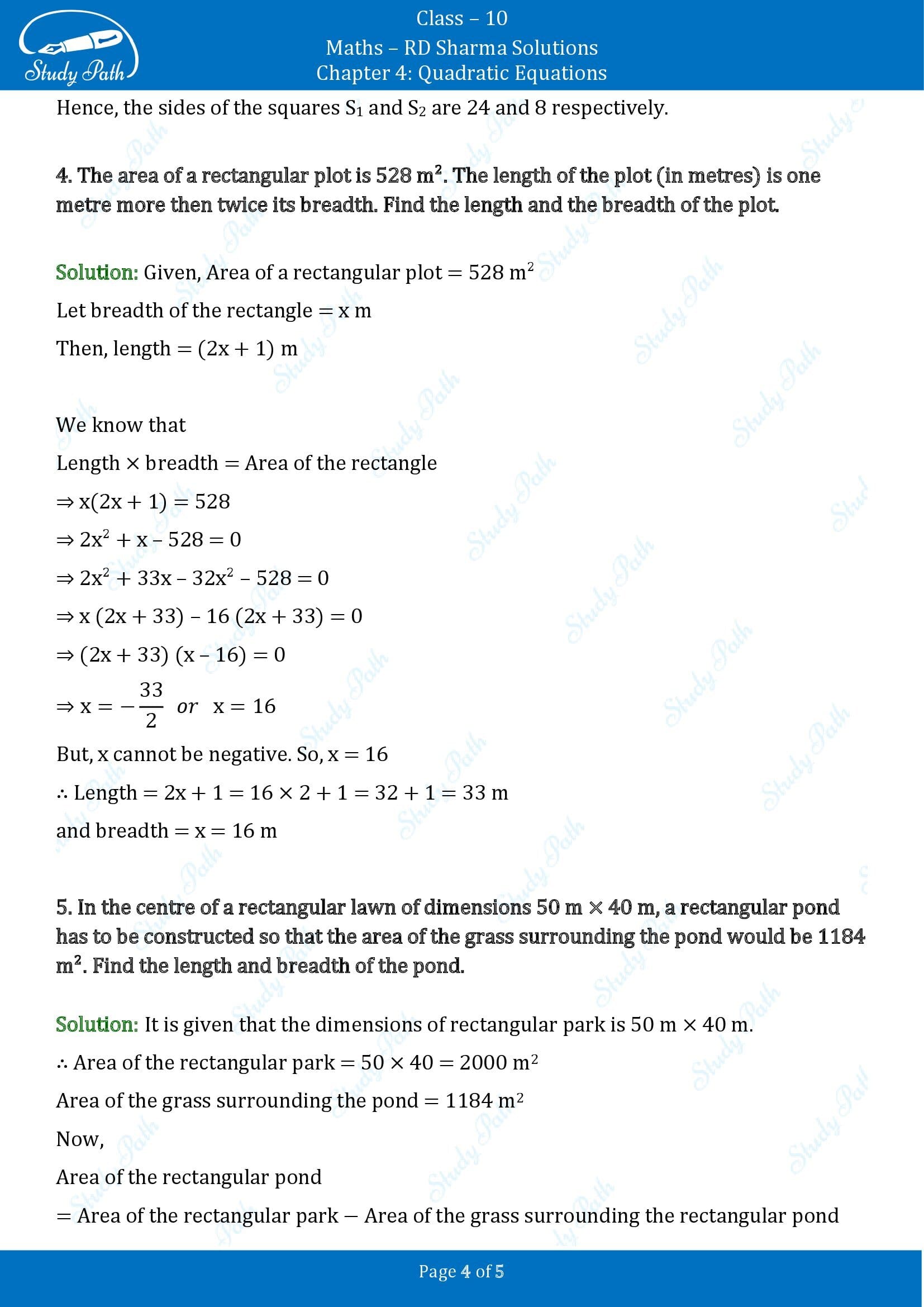 RD Sharma Solutions Class 10 Chapter 4 Quadratic Equations Exercise 4.10 00004