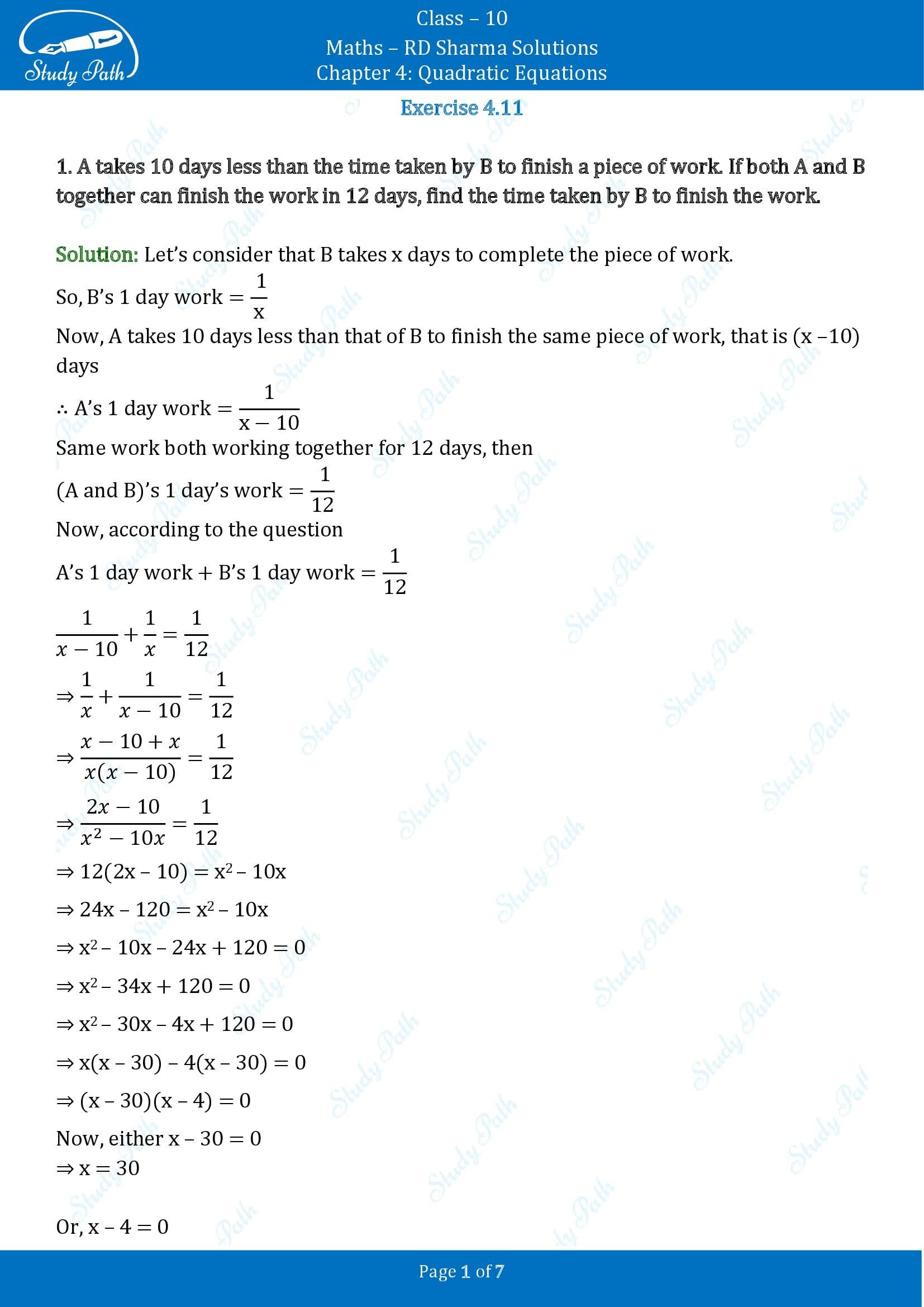 RD Sharma Solutions Class 10 Chapter 4 Quadratic Equations Exercise 4.11 00001