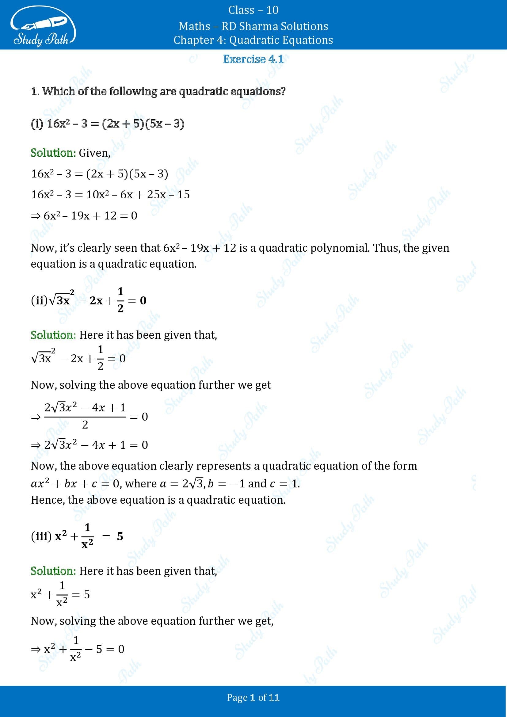 RD Sharma Solutions Class 10 Chapter 4 Quadratic Equations Exercise 4.1 00001