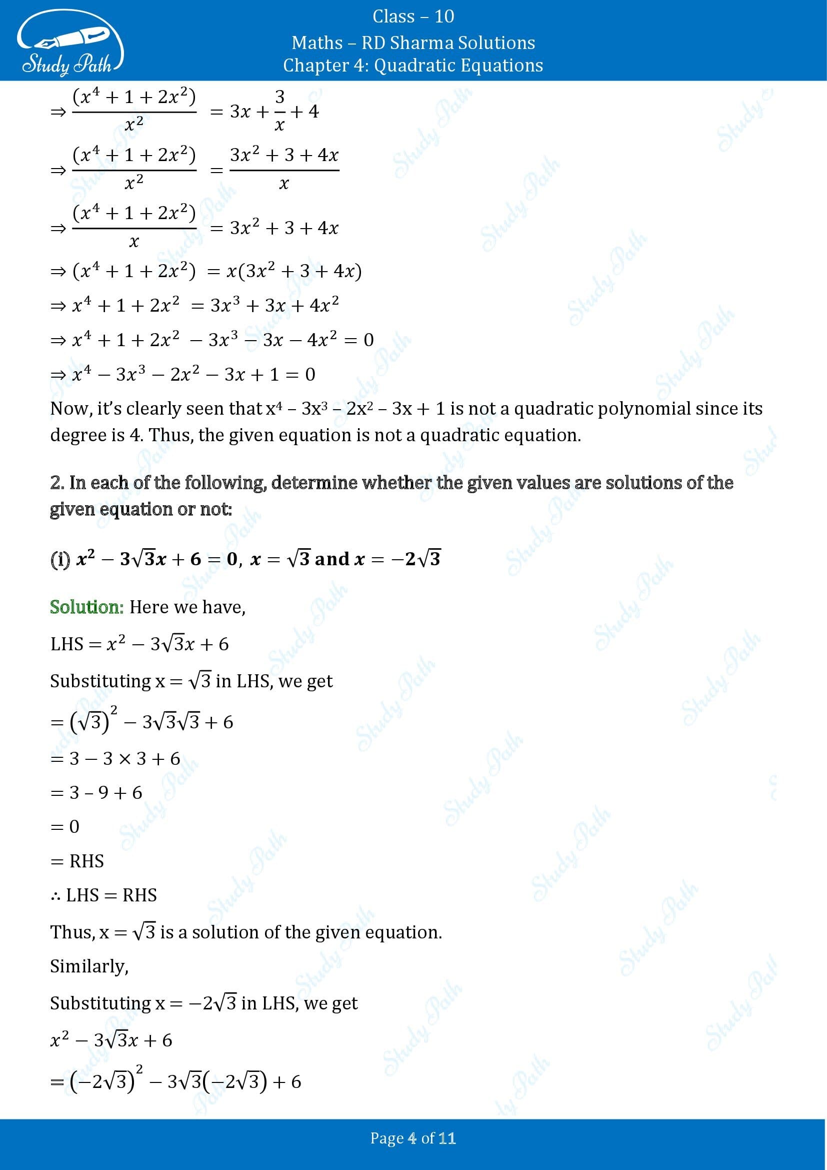 RD Sharma Solutions Class 10 Chapter 4 Quadratic Equations Exercise 4.1 00004