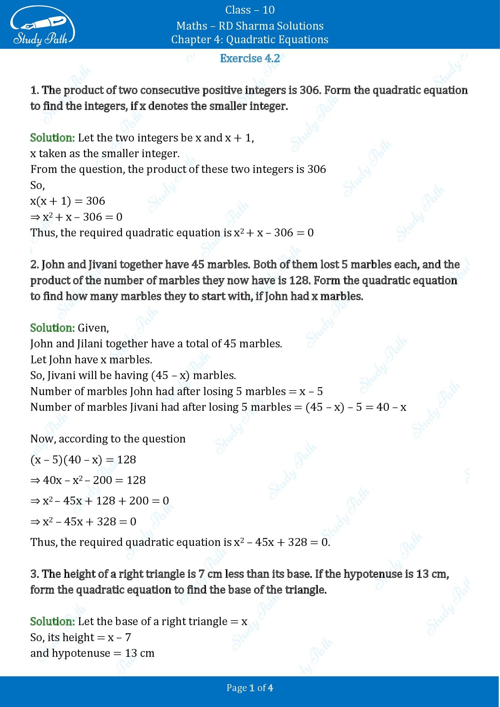 RD Sharma Solutions Class 10 Chapter 4 Quadratic Equations Exercise 4.2 00001