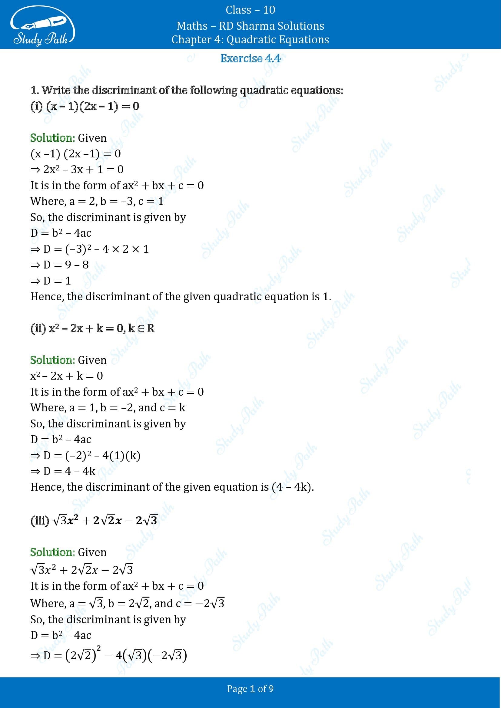 RD Sharma Solutions Class 10 Chapter 4 Quadratic Equations Exercise 4.4 00001