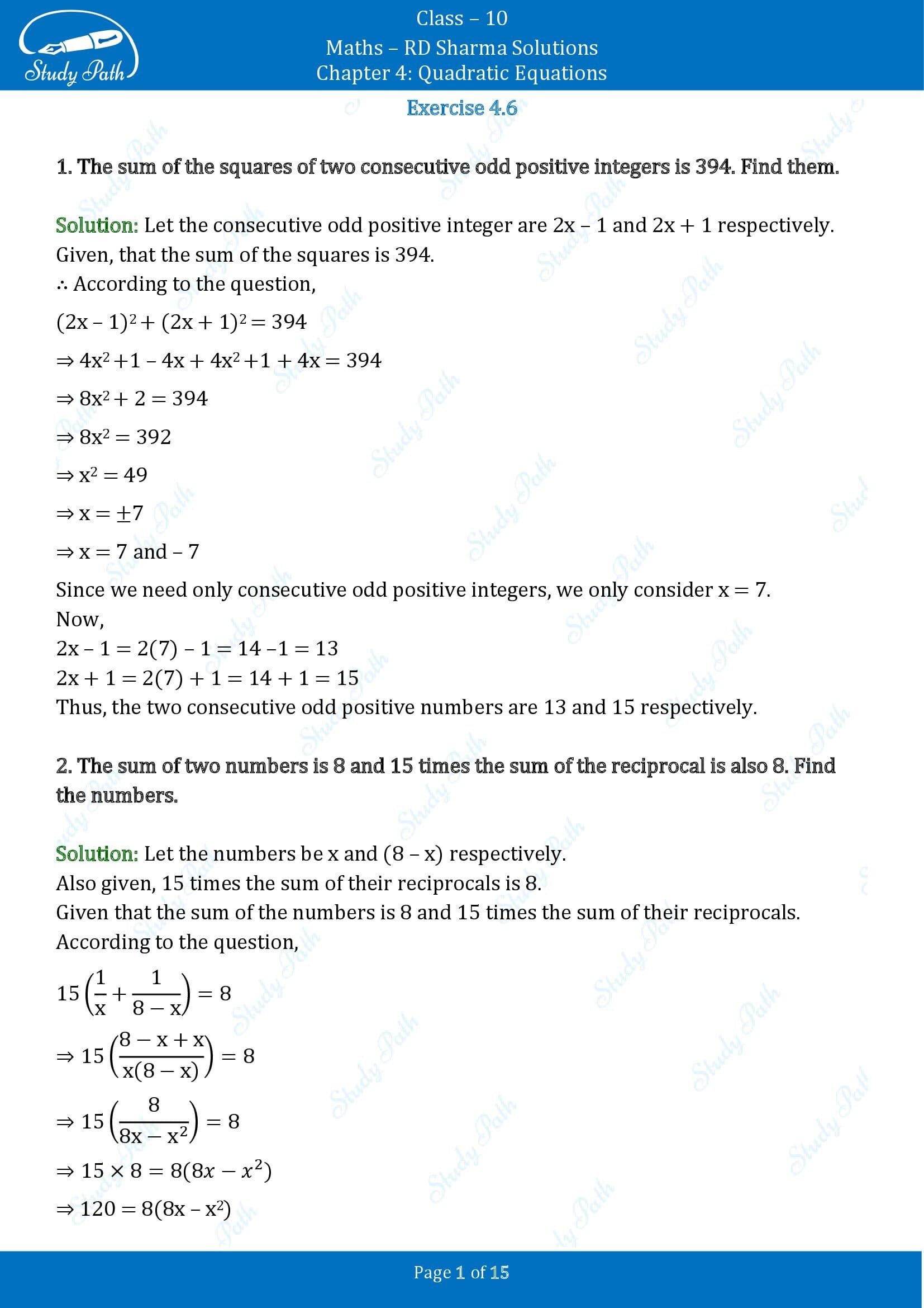 RD Sharma Solutions Class 10 Chapter 4 Quadratic Equations Exercise 4.6 00001