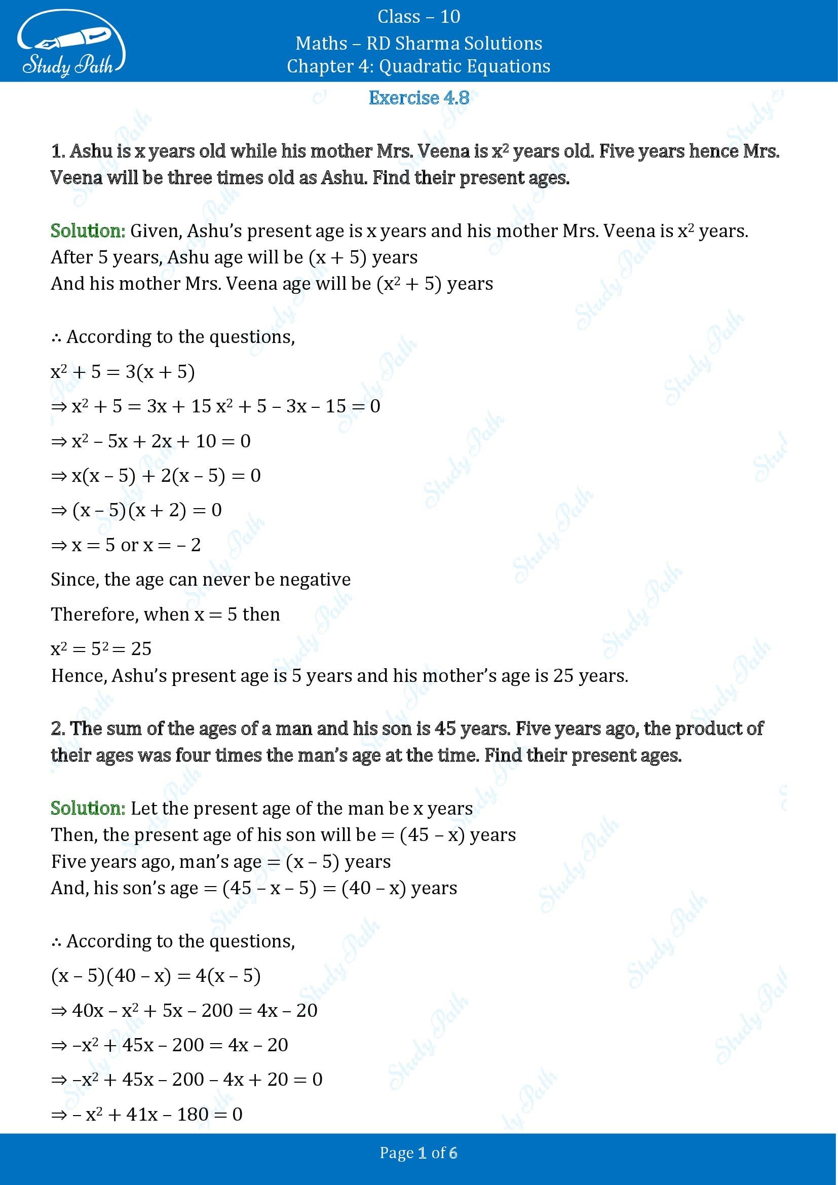 RD Sharma Solutions Class 10 Chapter 4 Quadratic Equations Exercise 4.8 00001