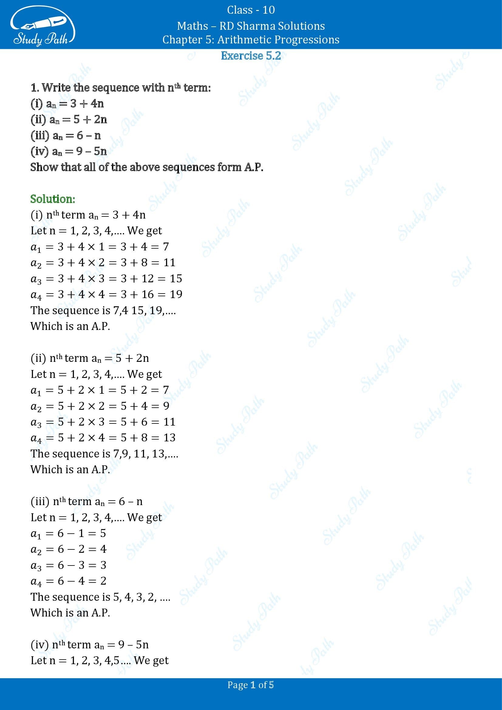 RD Sharma Solutions Class 10 Chapter 5 Arithmetic Progressions Exercise 5.2 00001