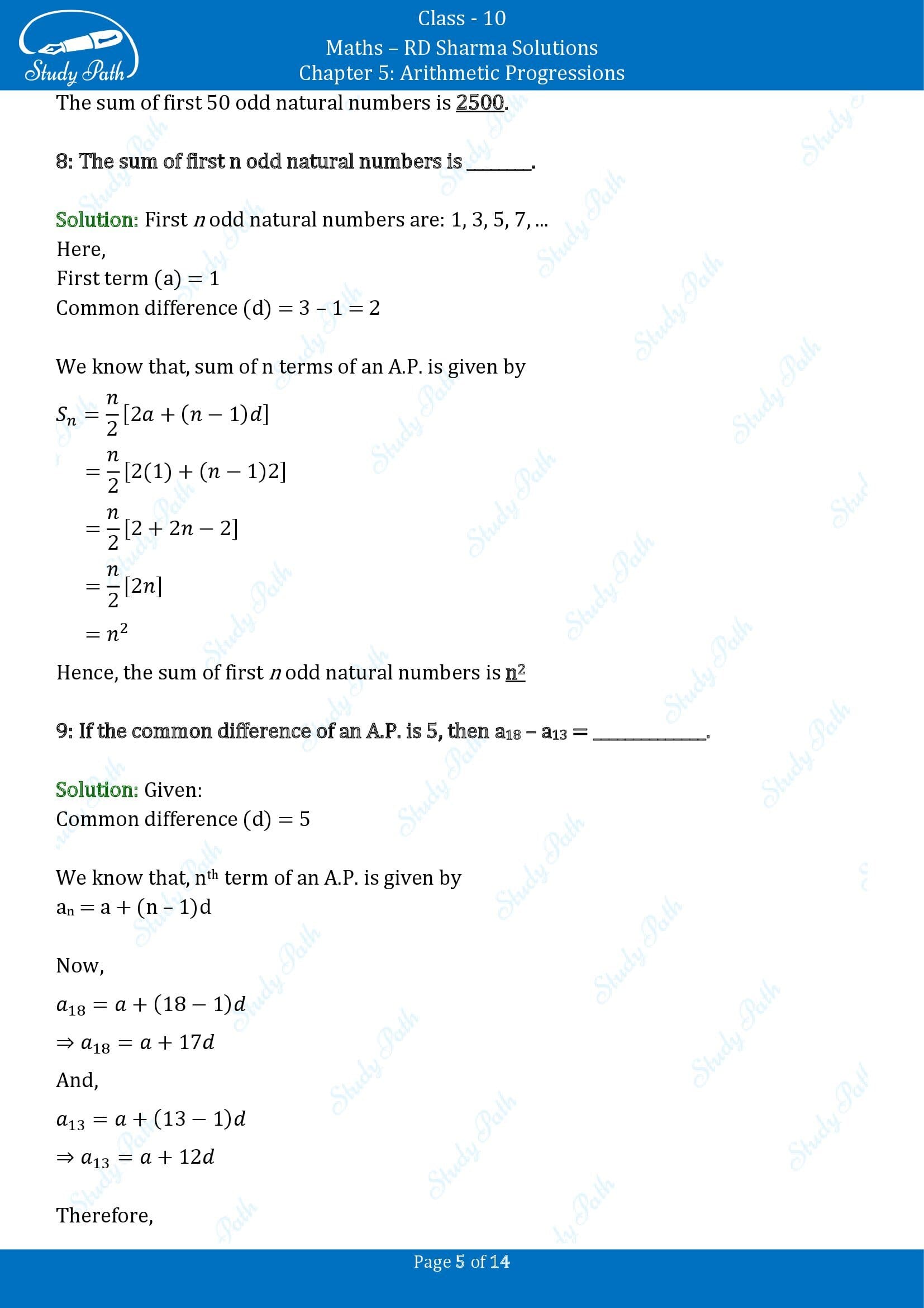 RD Sharma Solutions Class 10 Chapter 5 Arithmetic Progressions Fill in the Blank Type Questions FBQs 00005