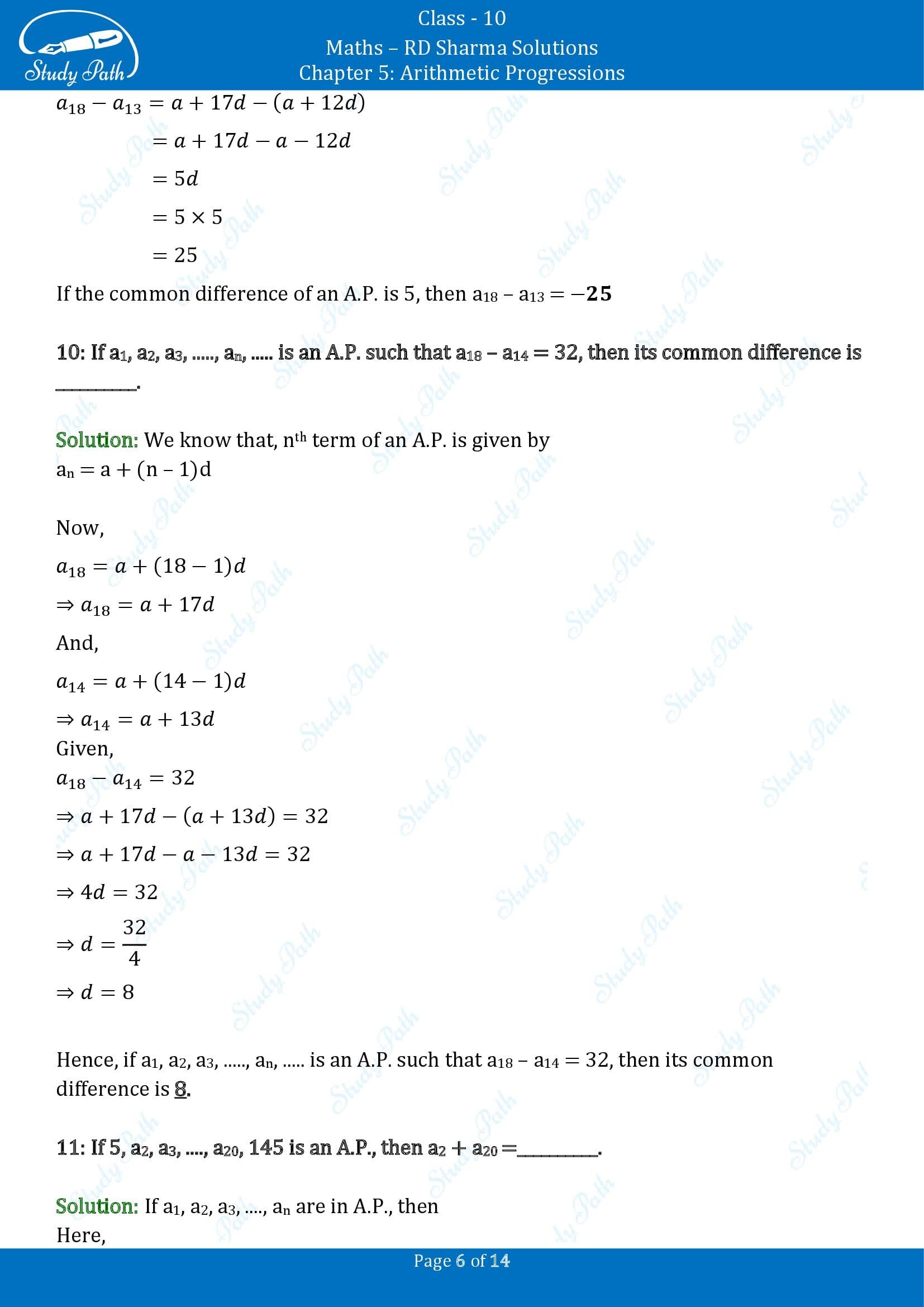 RD Sharma Solutions Class 10 Chapter 5 Arithmetic Progressions Fill in the Blank Type Questions FBQs 00006