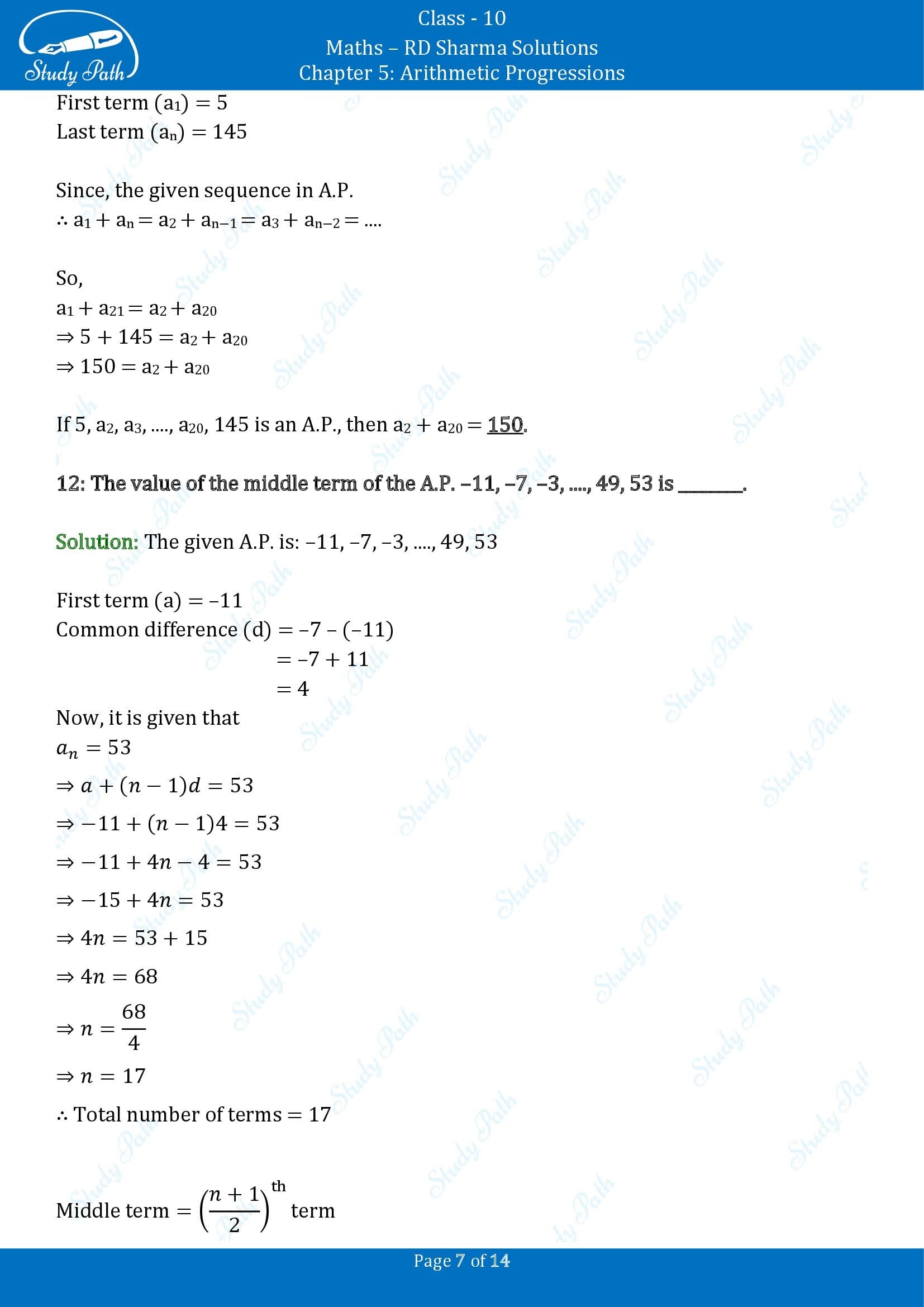 RD Sharma Solutions Class 10 Chapter 5 Arithmetic Progressions Fill in the Blank Type Questions FBQs 00007