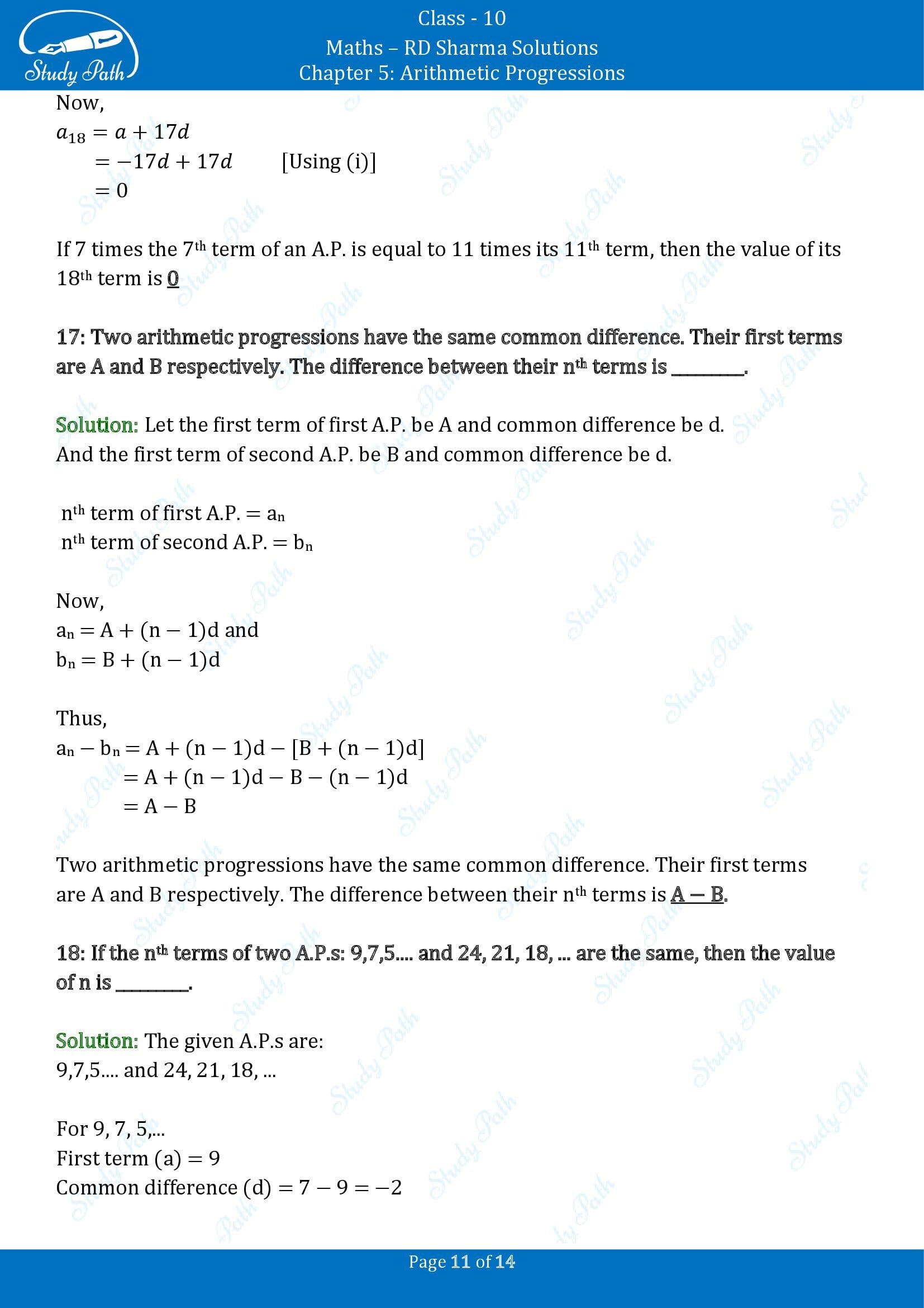 RD Sharma Solutions Class 10 Chapter 5 Arithmetic Progressions Fill in the Blank Type Questions FBQs 00011