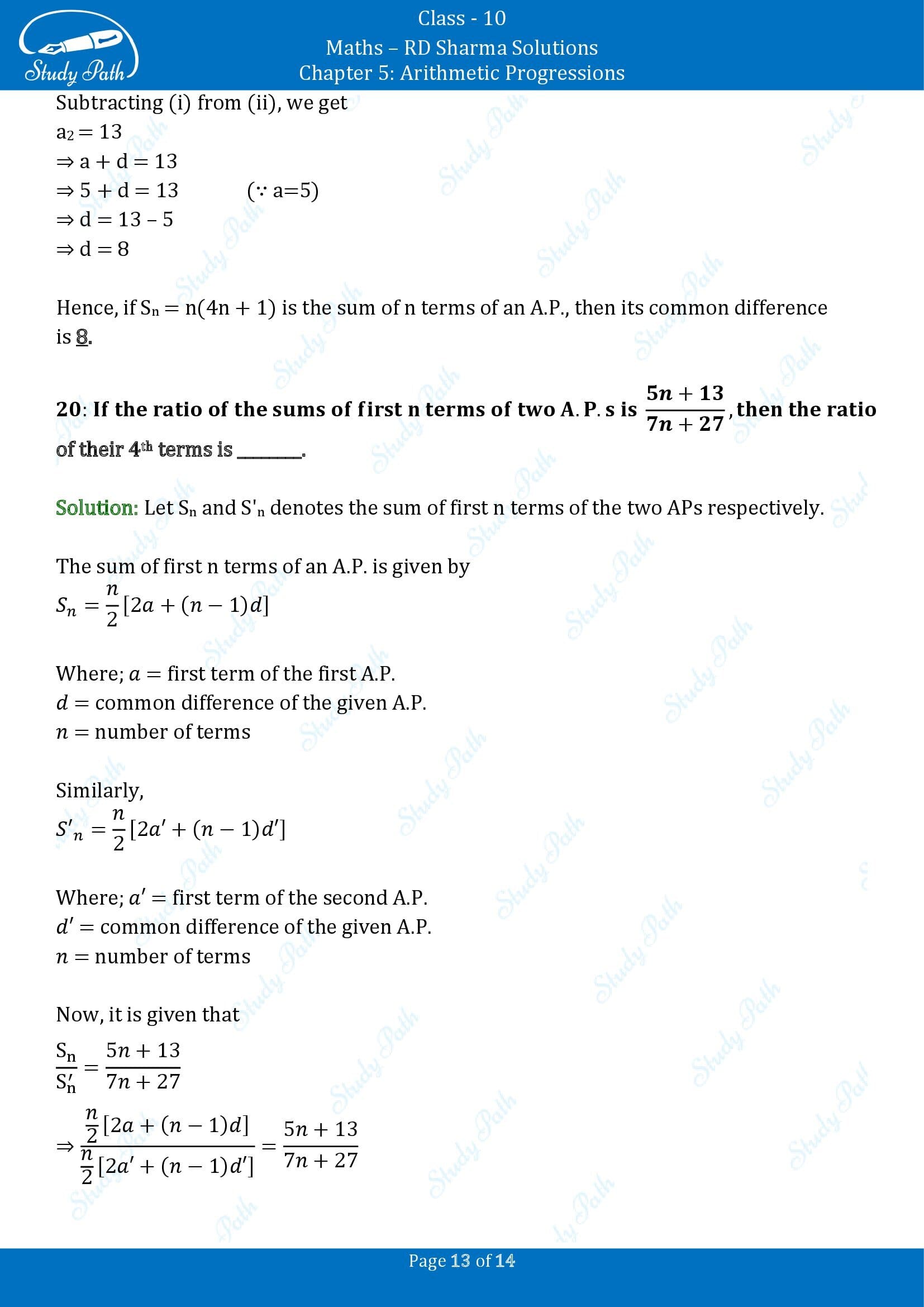 RD Sharma Solutions Class 10 Chapter 5 Arithmetic Progressions Fill in the Blank Type Questions FBQs 00013