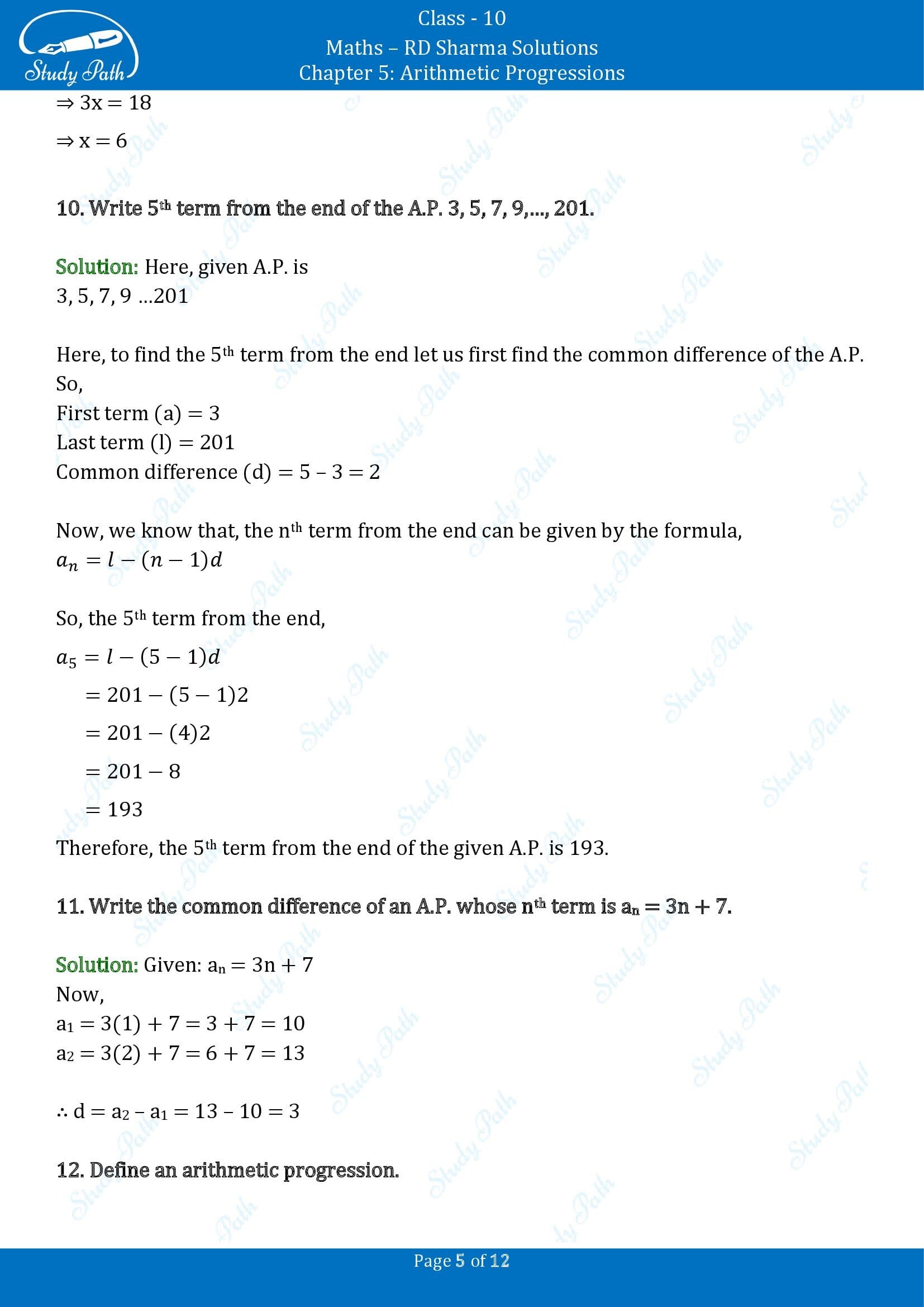 RD Sharma Solutions Class 10 Chapter 5 Arithmetic Progressions Very Short Answer Type Questions VSAQs 00005