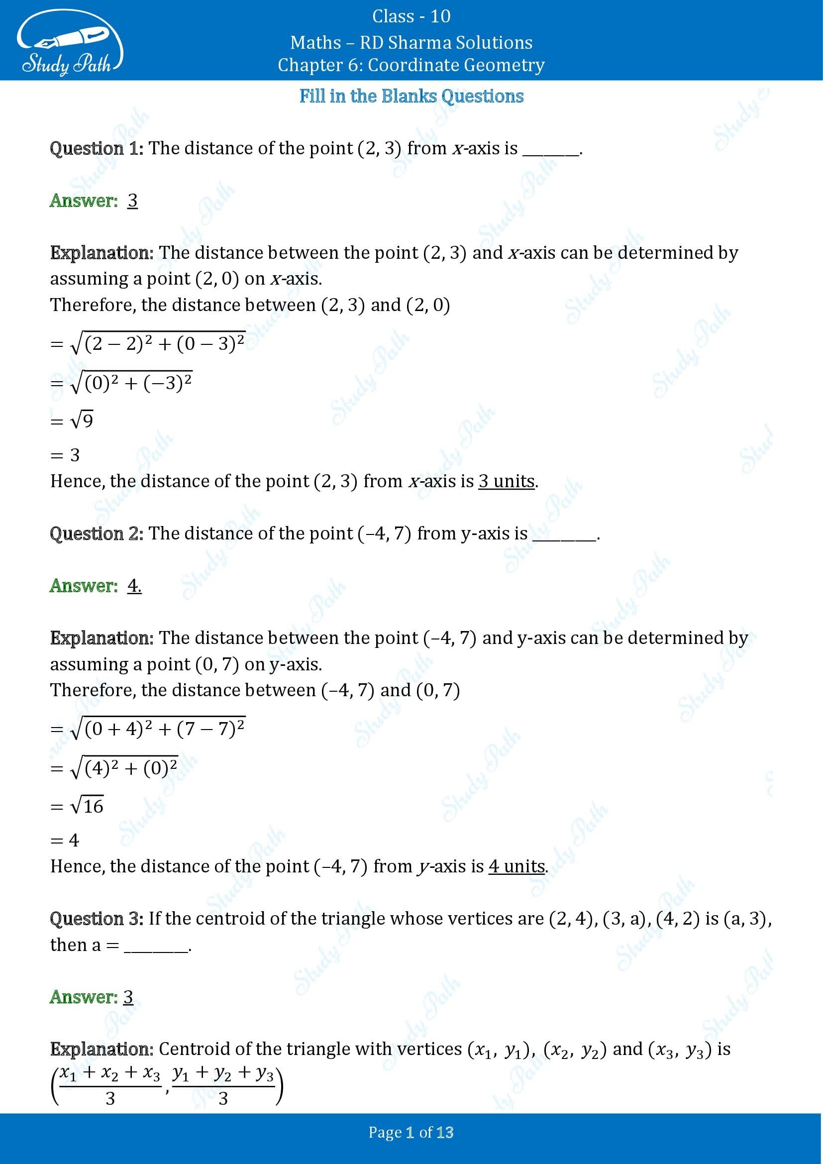 RD Sharma Solutions Class 10 Chapter 6 Coordinate Geometry Fill in the Blank Type Questions FBQs 00001