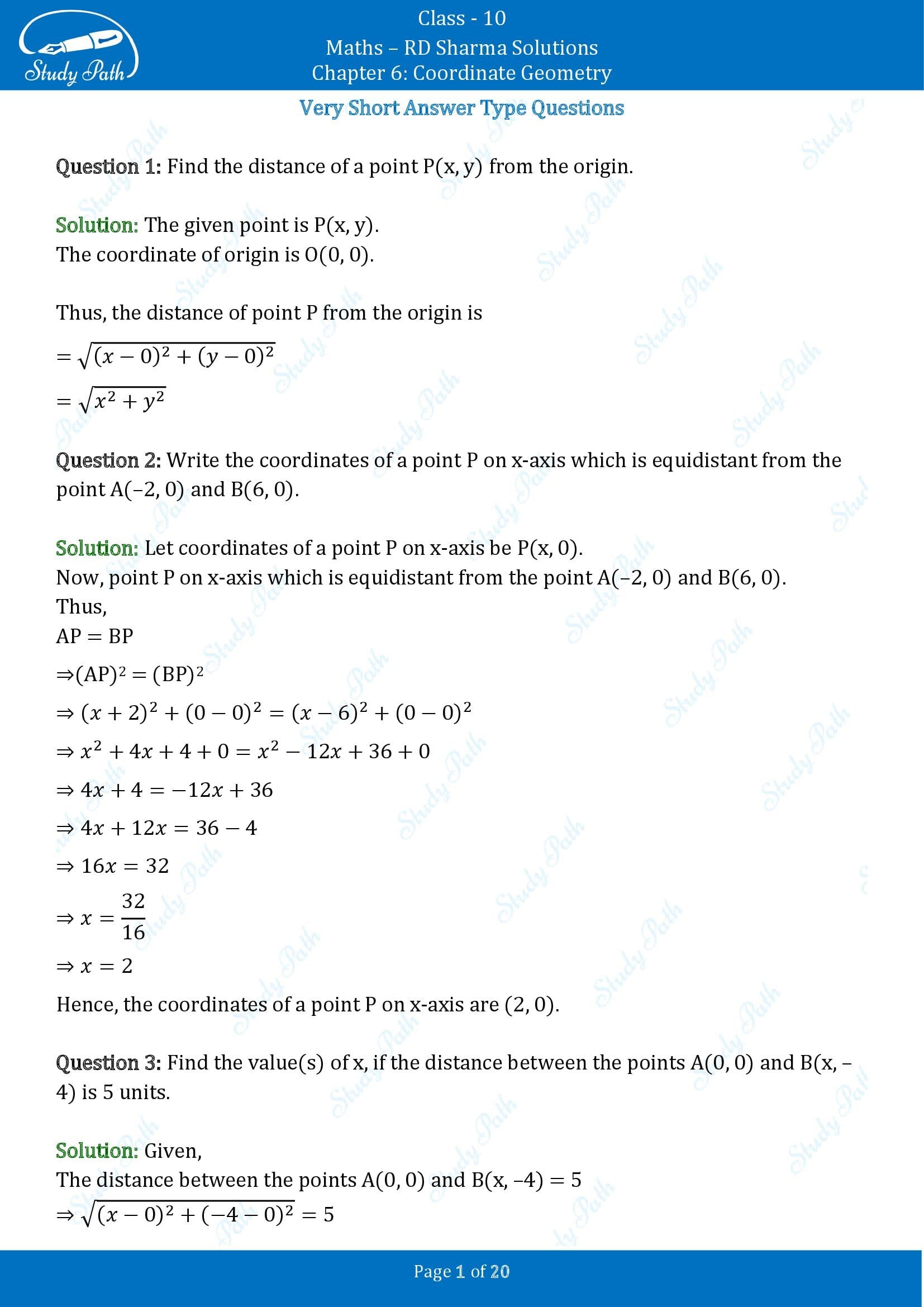 RD Sharma Solutions Class 10 Chapter 6 Coordinate Geometry Very Short Answer Type Questions VSAQs 00001