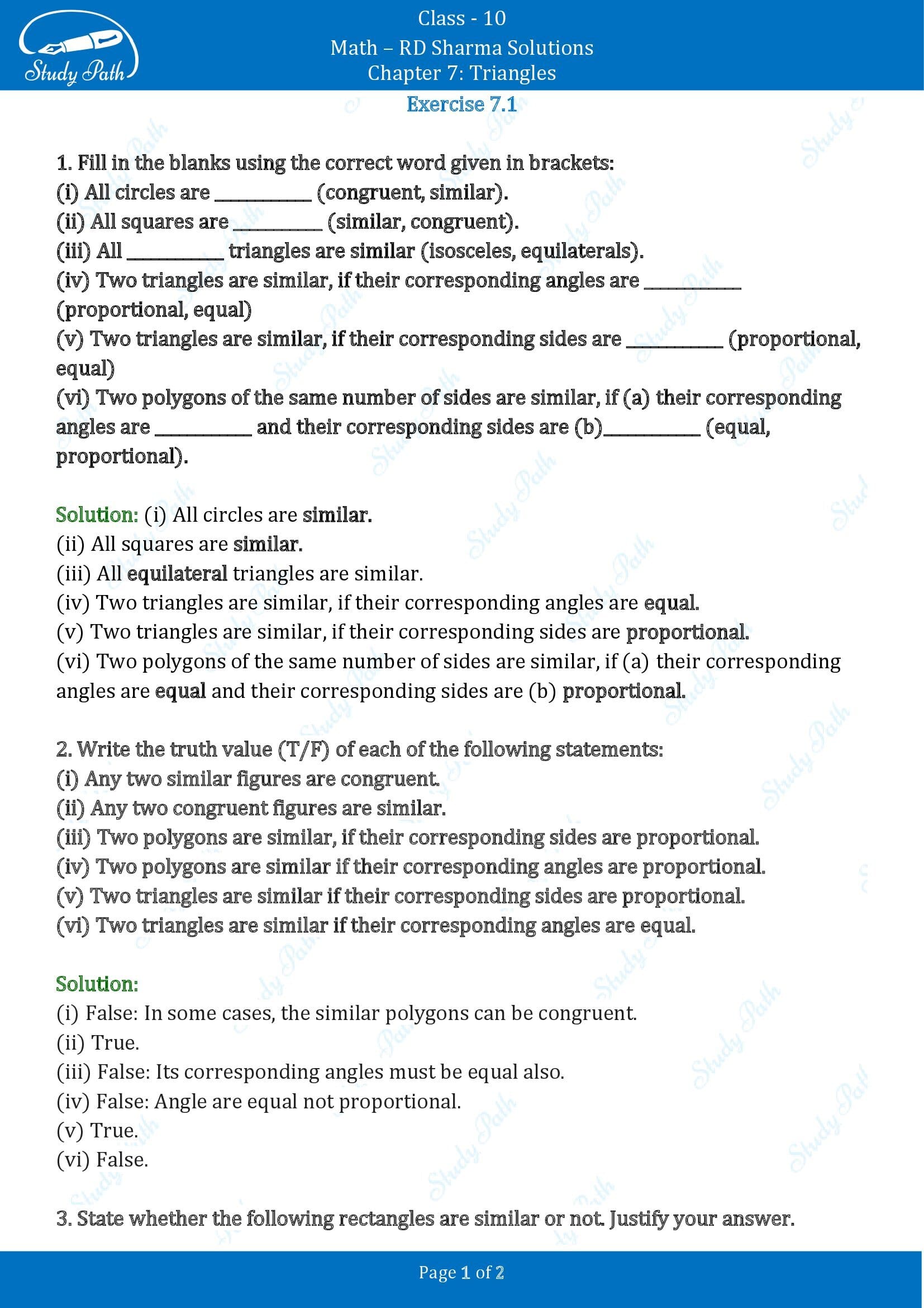 RD Sharma Solutions Class 10 Chapter 7 Triangles Exercise 7.1 00001