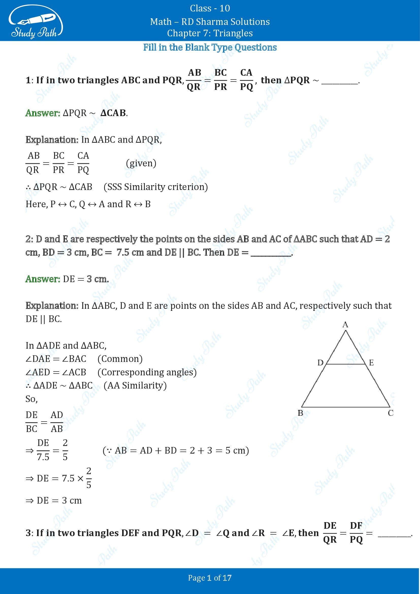 RD Sharma Solutions Class 10 Chapter 7 Triangles Fill in the Blank Type Questions FBQs 00001