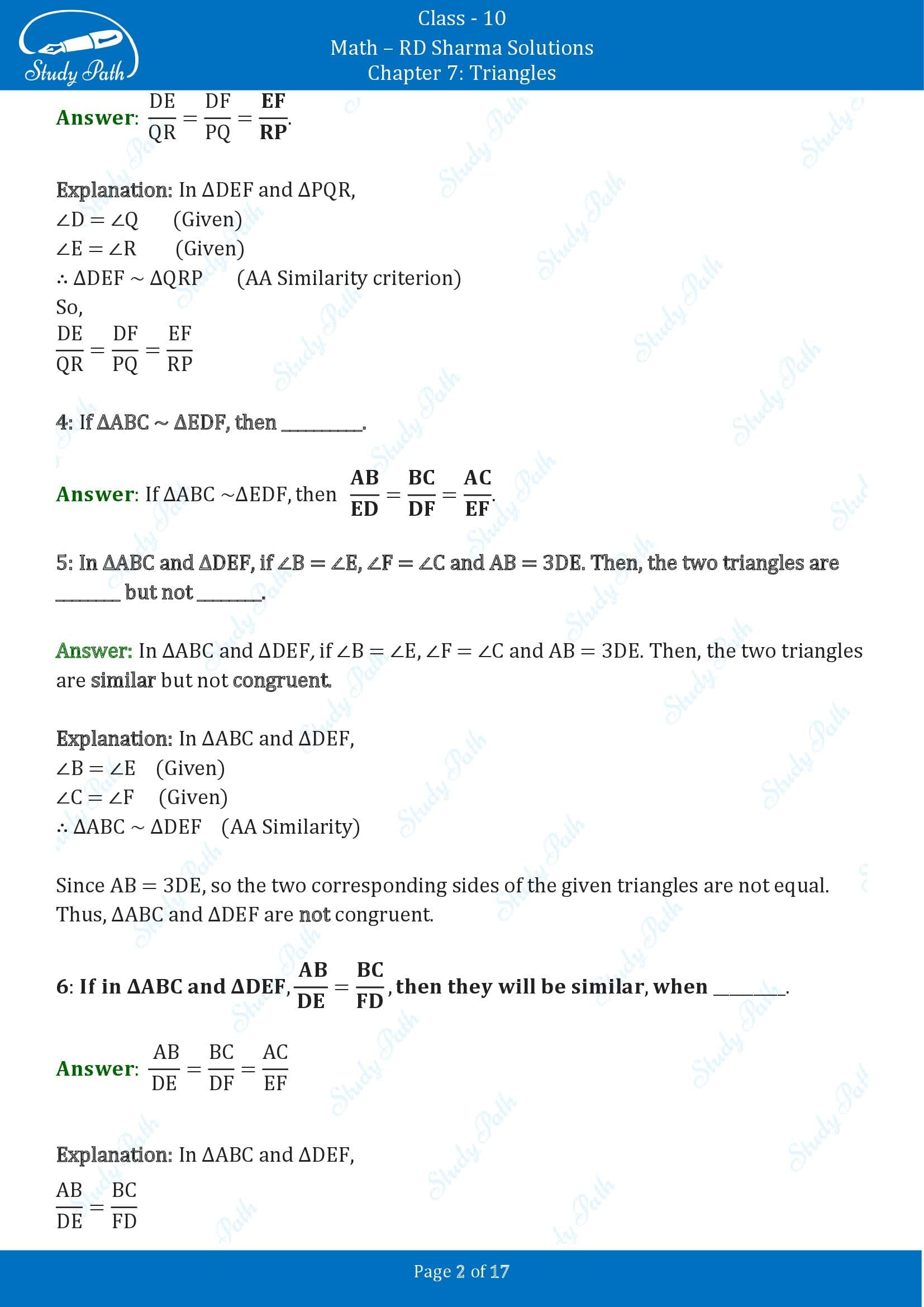 RD Sharma Solutions Class 10 Chapter 7 Triangles Fill in the Blank Type Questions FBQs 00002