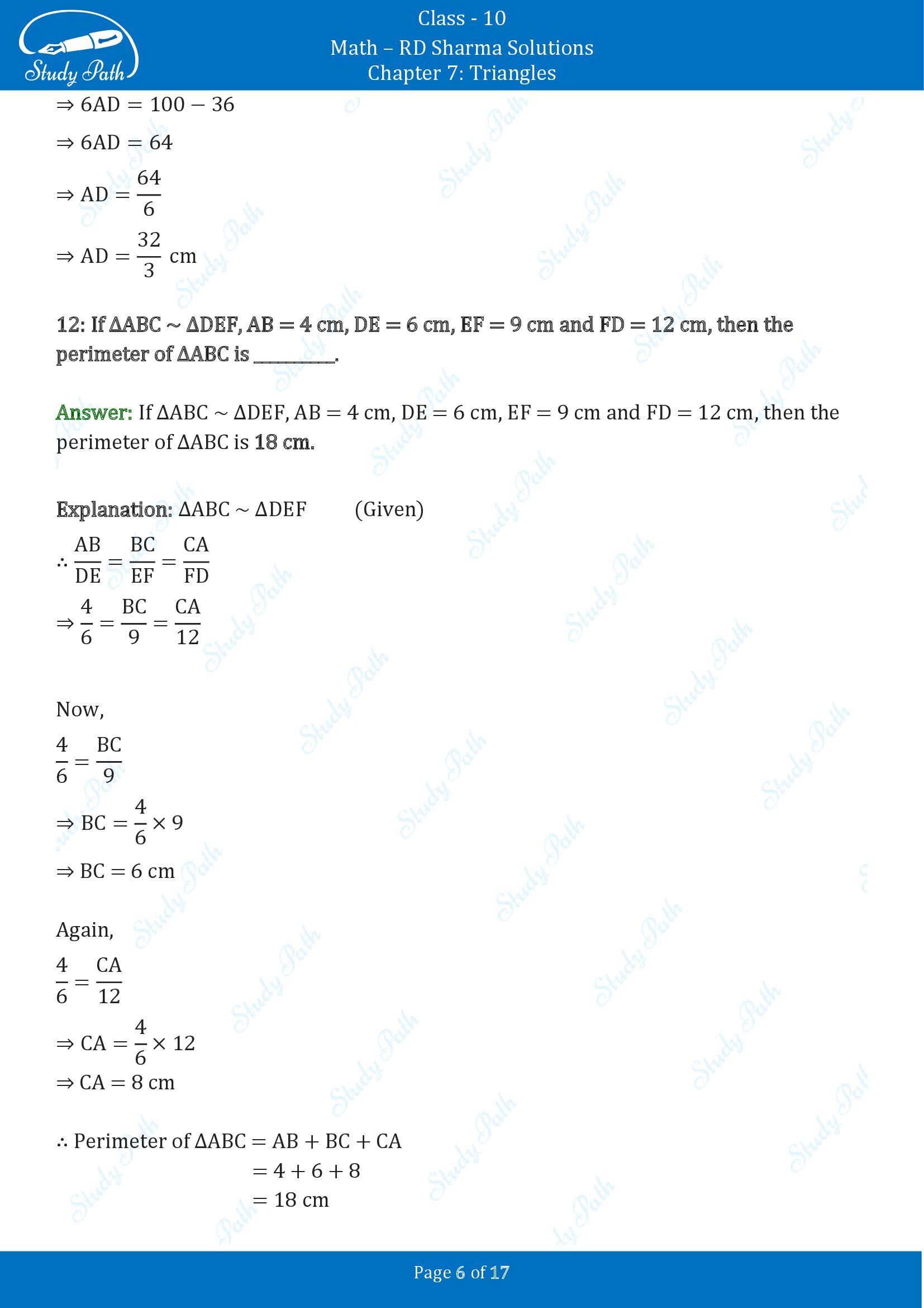 RD Sharma Solutions Class 10 Chapter 7 Triangles Fill in the Blank Type Questions FBQs 00006