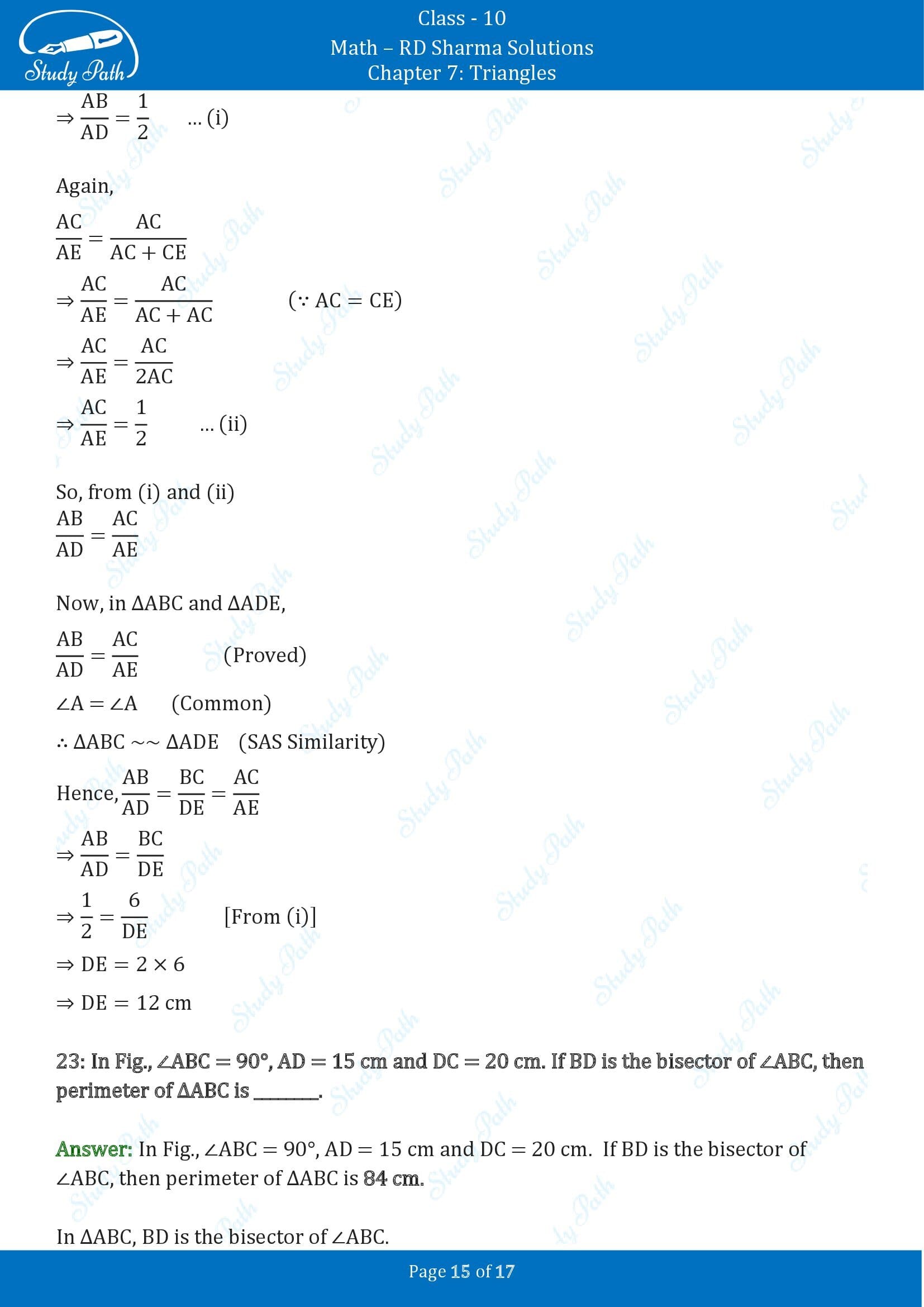 RD Sharma Solutions Class 10 Chapter 7 Triangles Fill in the Blank Type Questions FBQs 00015