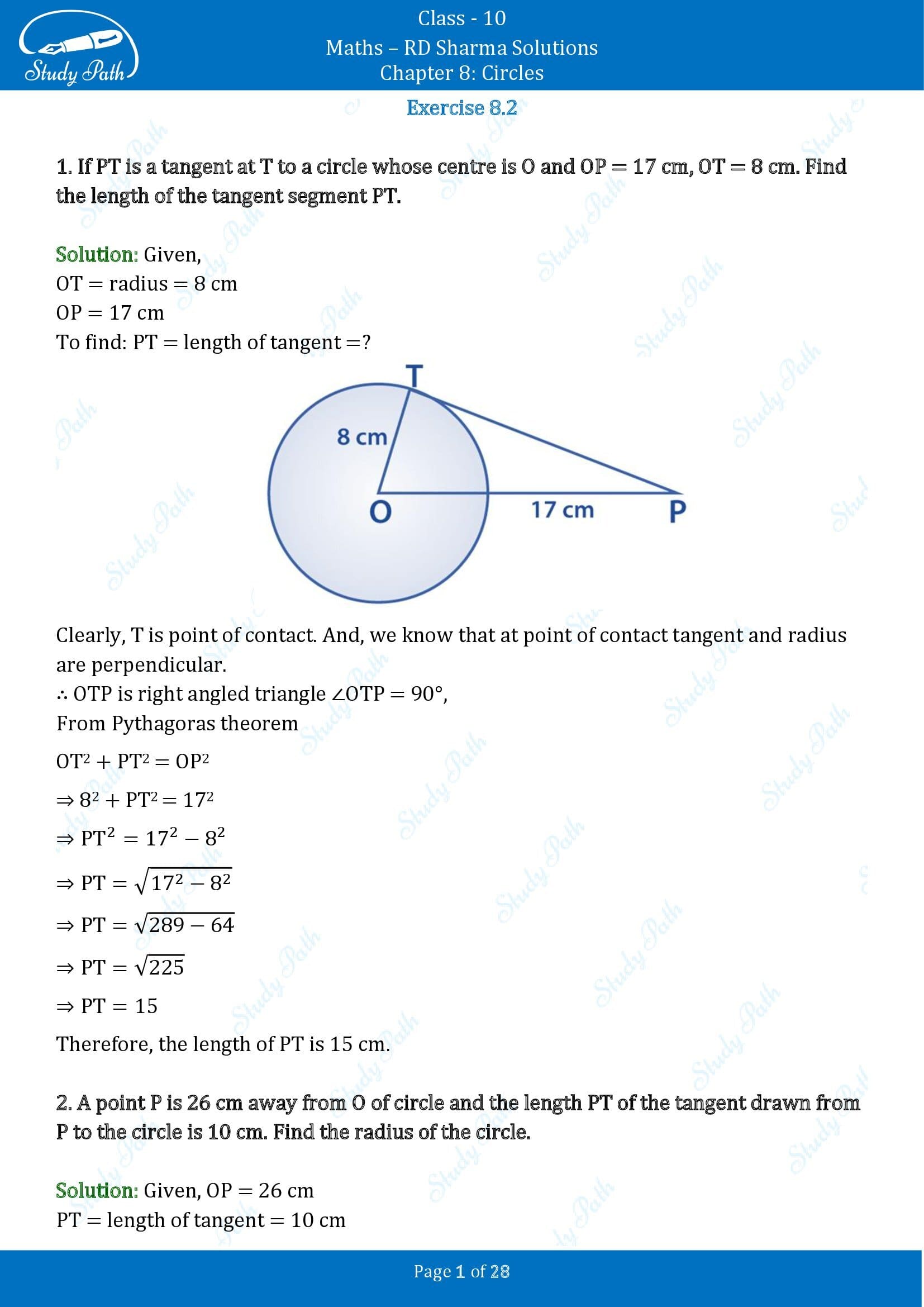 RD Sharma Solutions Class 10 Chapter 8 Circles Exercise 8.2 00001