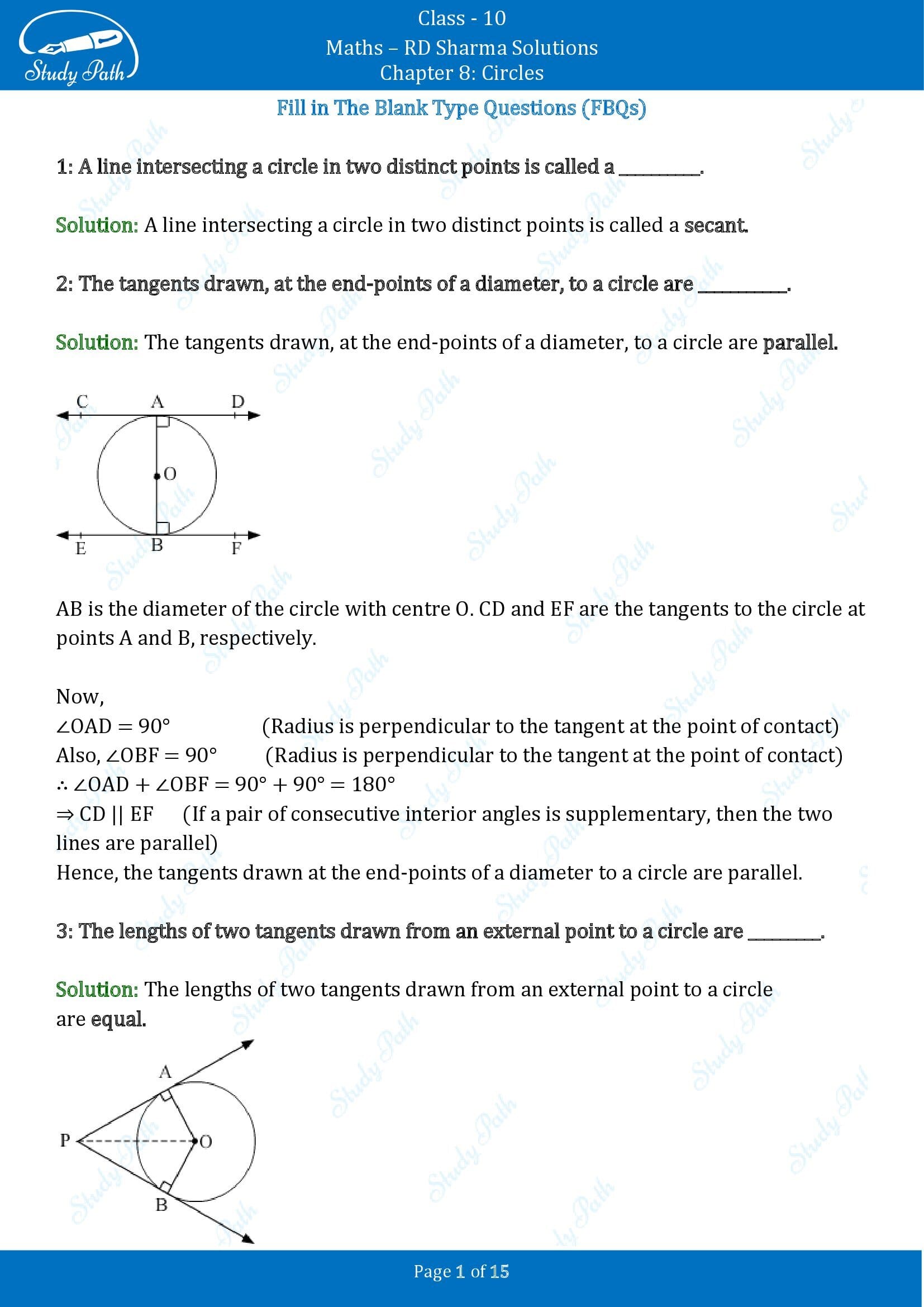 RD Sharma Solutions Class 10 Chapter 8 Circles Fill in the Blank Type Questions FBQs 00001