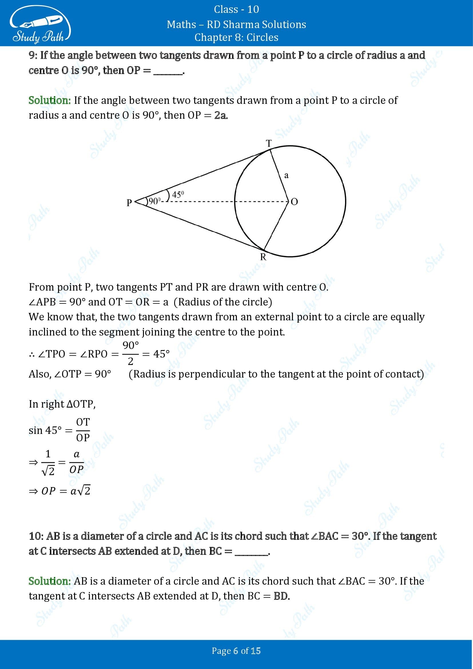 RD Sharma Solutions Class 10 Chapter 8 Circles Fill in the Blank Type Questions FBQs 00006