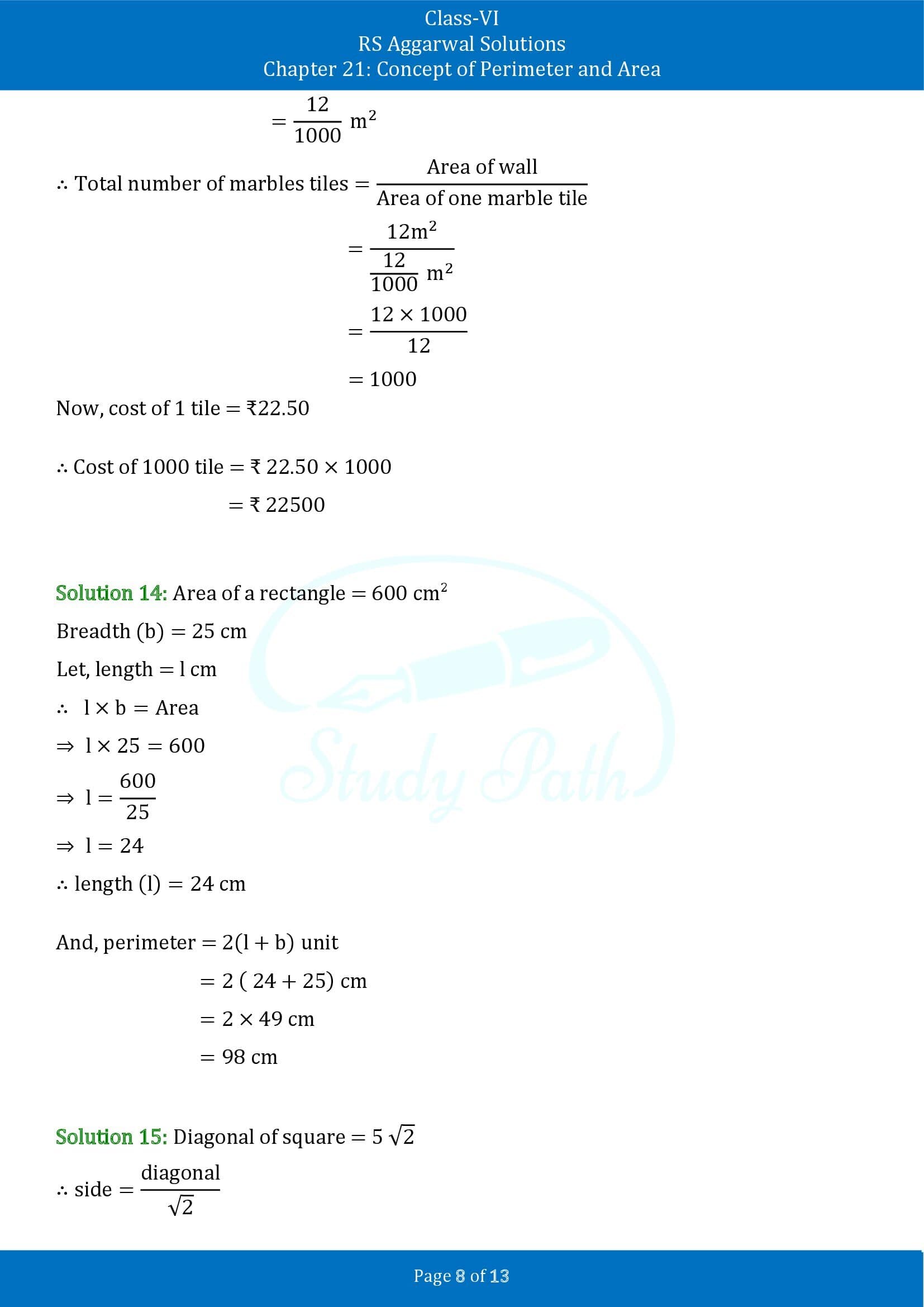 RS Aggarwal Solutions Class 6 Chapter 21 Concept of Perimeter and Area Exercise 21D 00008