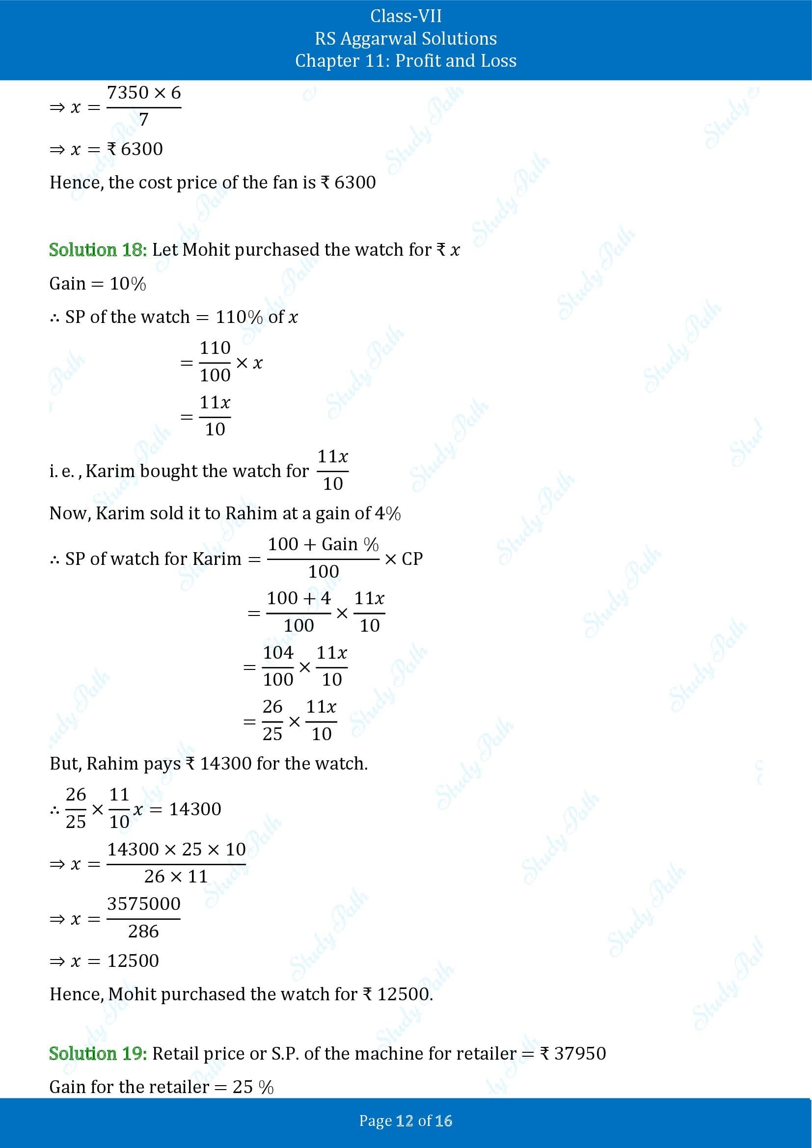 RS Aggarwal Solutions Class 7 Chapter 11 Profit and Loss Exercise 11A 00012