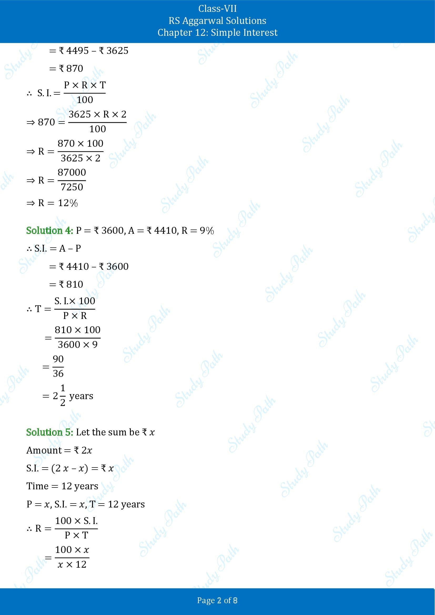 RS Aggarwal Solutions Class 7 Chapter 12 Simple Interest Test Paper 00002